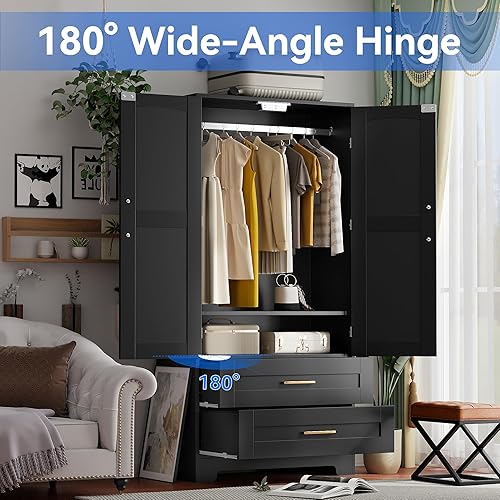 Miniatura 3 de Armario de madera con 2 cajones, armarios de dormitorio con puerta y estantes, armario independiente de almacenamiento de ropa con barra para colgar