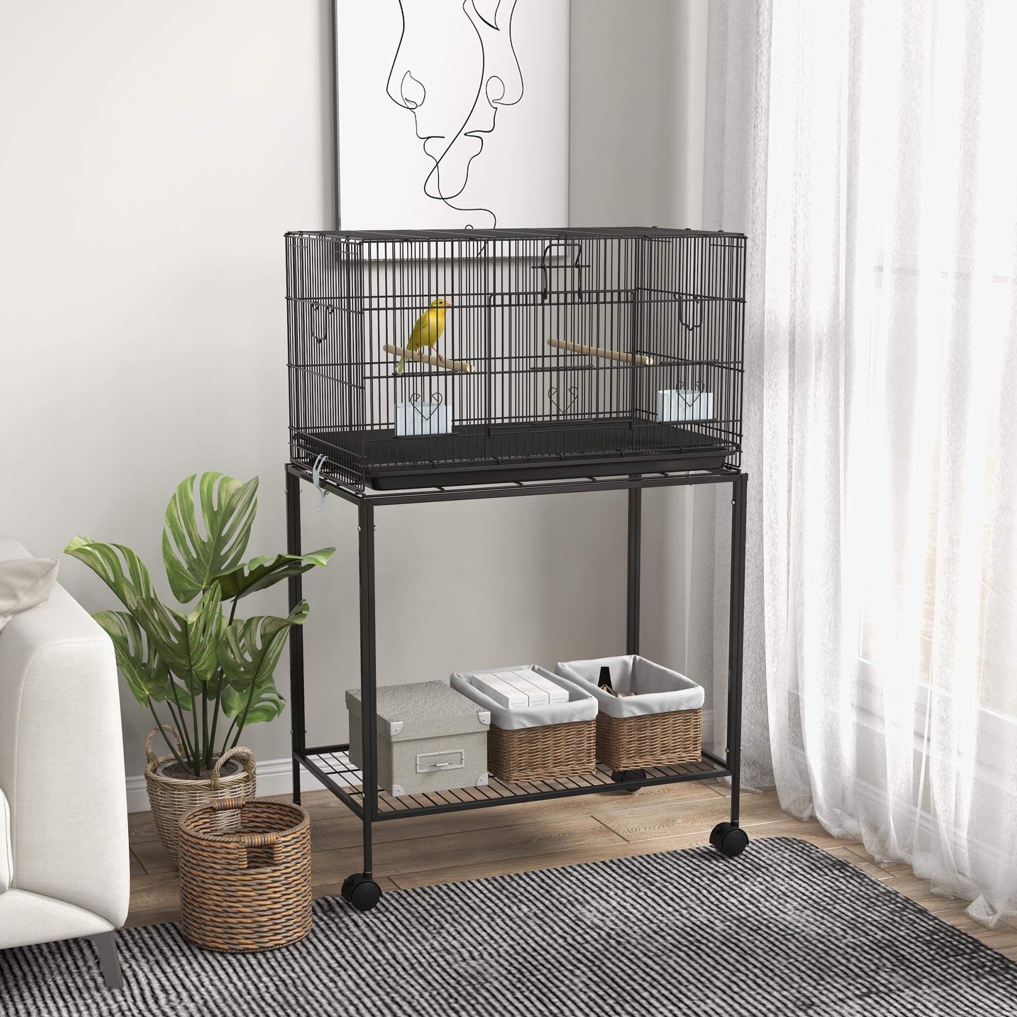 PawHut Gabbia per uccelli 77 x 46 x 119 cm Gabbia in metallo per uccelli con vassoio estraibile grucce mangiatoie per parrocchetti Canarini Nero