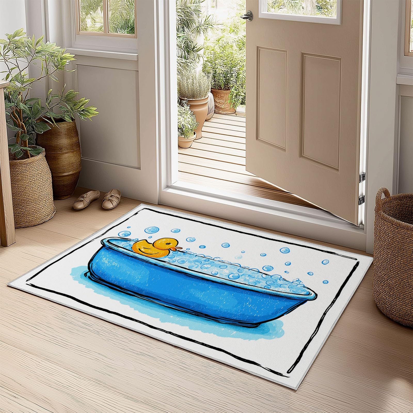 Tappeto Lavabile in Lavatrice Cartone Animato Anatra Vasca Da Bagno Schiuma 80 x 150 cm, Tappeti bordi rinforzati Antiscivolo resistente alle macchie, per Sala Casa Bagno Zerbino Assorbente Bianco