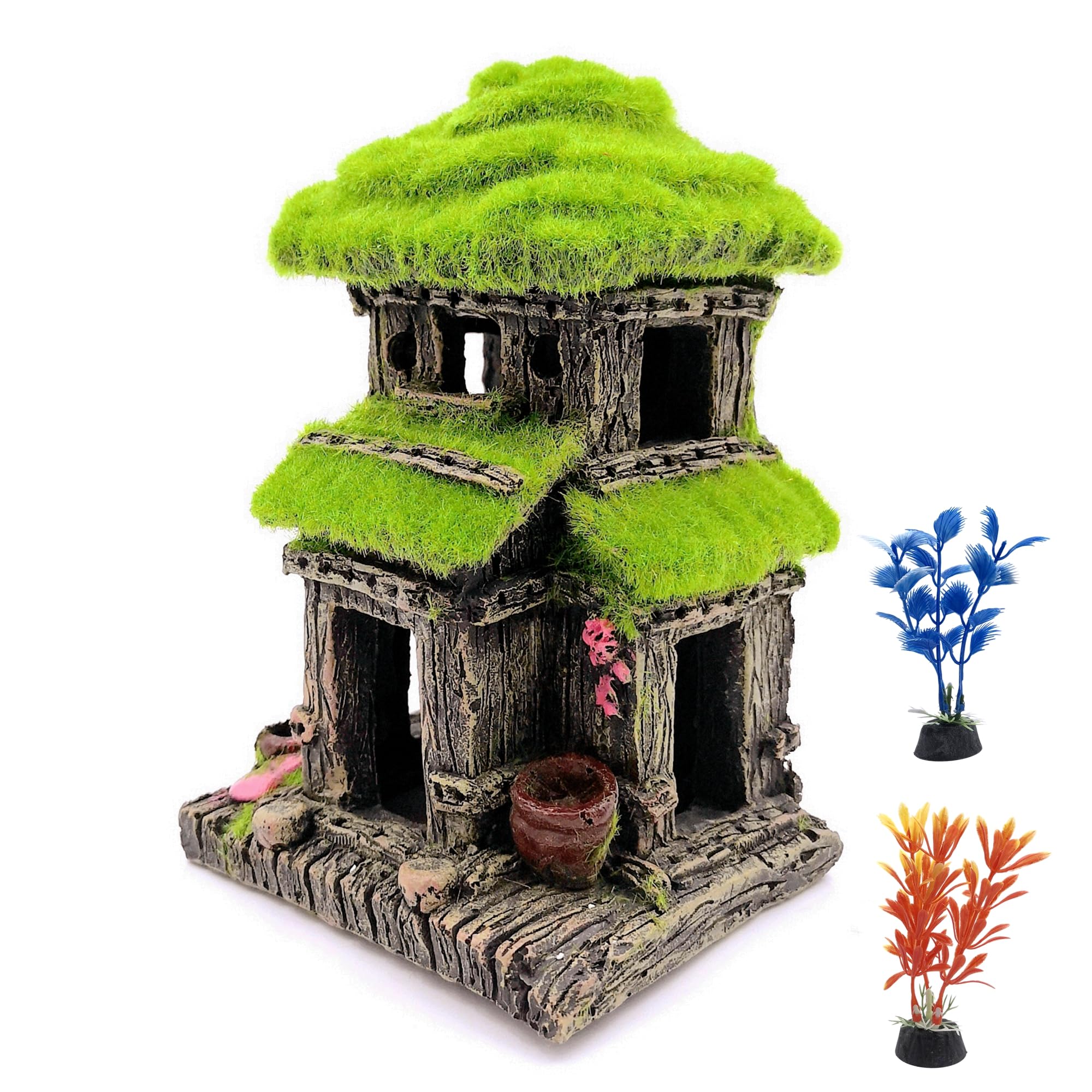 M2cbridge Decorazione per acquario, casetta per pesci Betta con muschio verde realistico (stile 3)