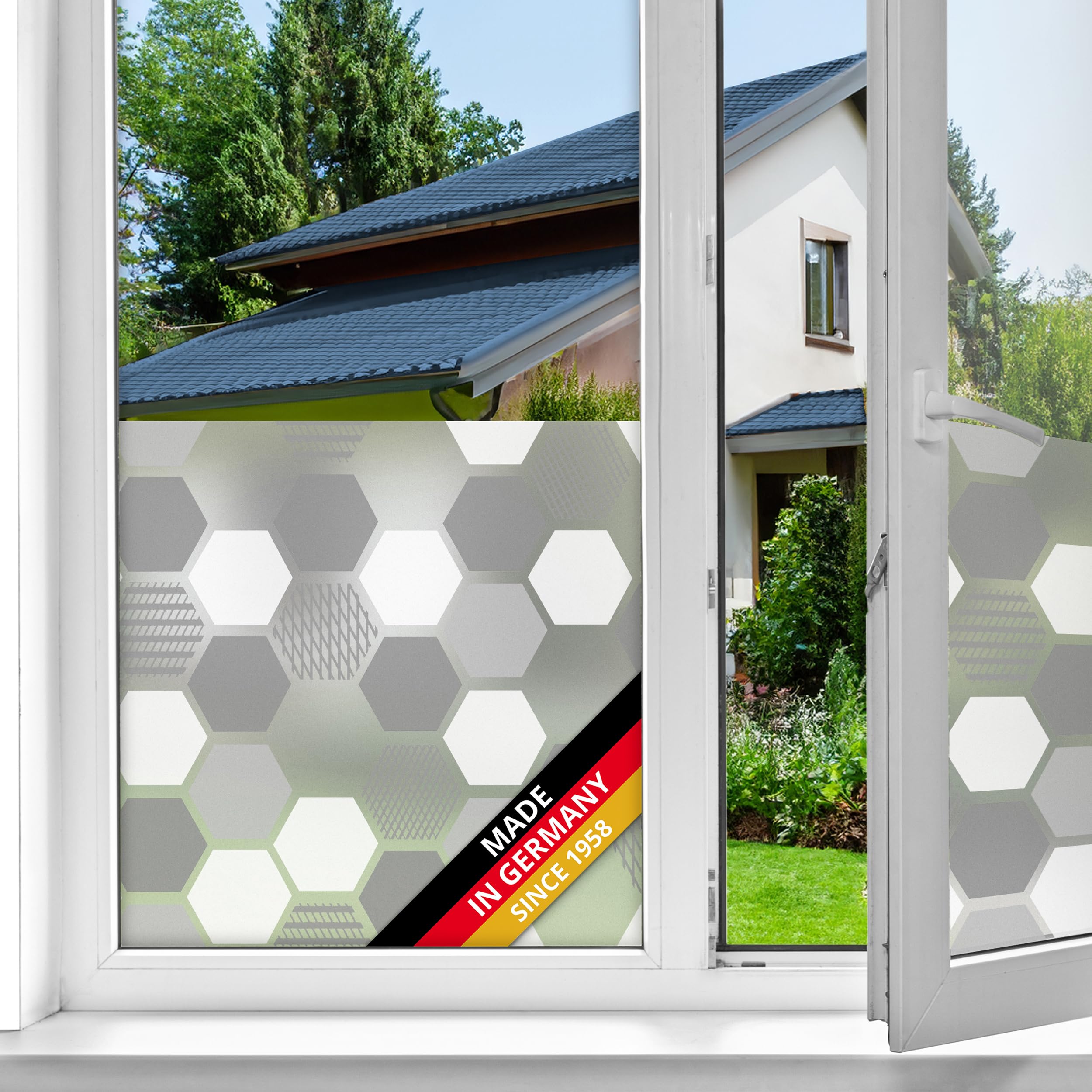 d-c-fix window film privacy Wido – 45cm x 1,5m – static vinyl films for glass windows with a modern hexagon pattern – self-adhesive, opaque, frosted, decorative for bathroom, home & kitchen — image 1