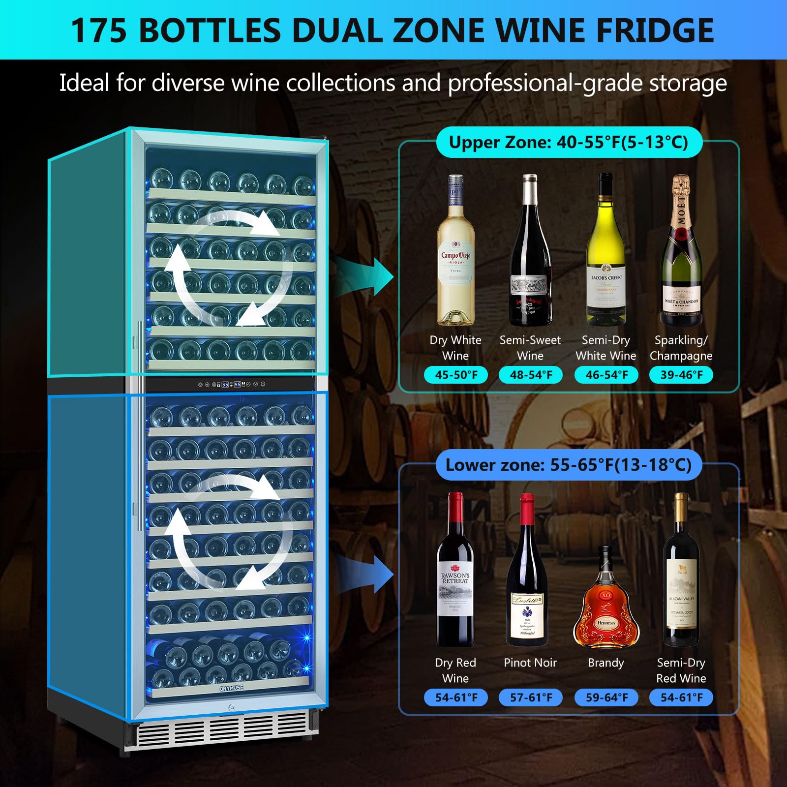 ORYMUSE Dual Zone Wine Fridge Freestanding 175 Bottle, 24 Inch Large Capacity Built-in Wine Cooler Refrigerator with Upgraded Compressor Cooling and Intelligent Temperature Memory on Fridge.com