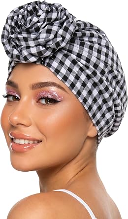 Ababalaya Satin Lined Cotton Pre-Tied Turban Caps Hair Bonnets Plaid Head Wrap Chemo Hat Hair Loss Cap
