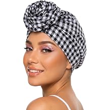Ababalaya Satin Lined Cotton Pre-Tied Turban Caps Hair Bonnets Plaid Head Wrap Chemo Hat Hair Loss Cap