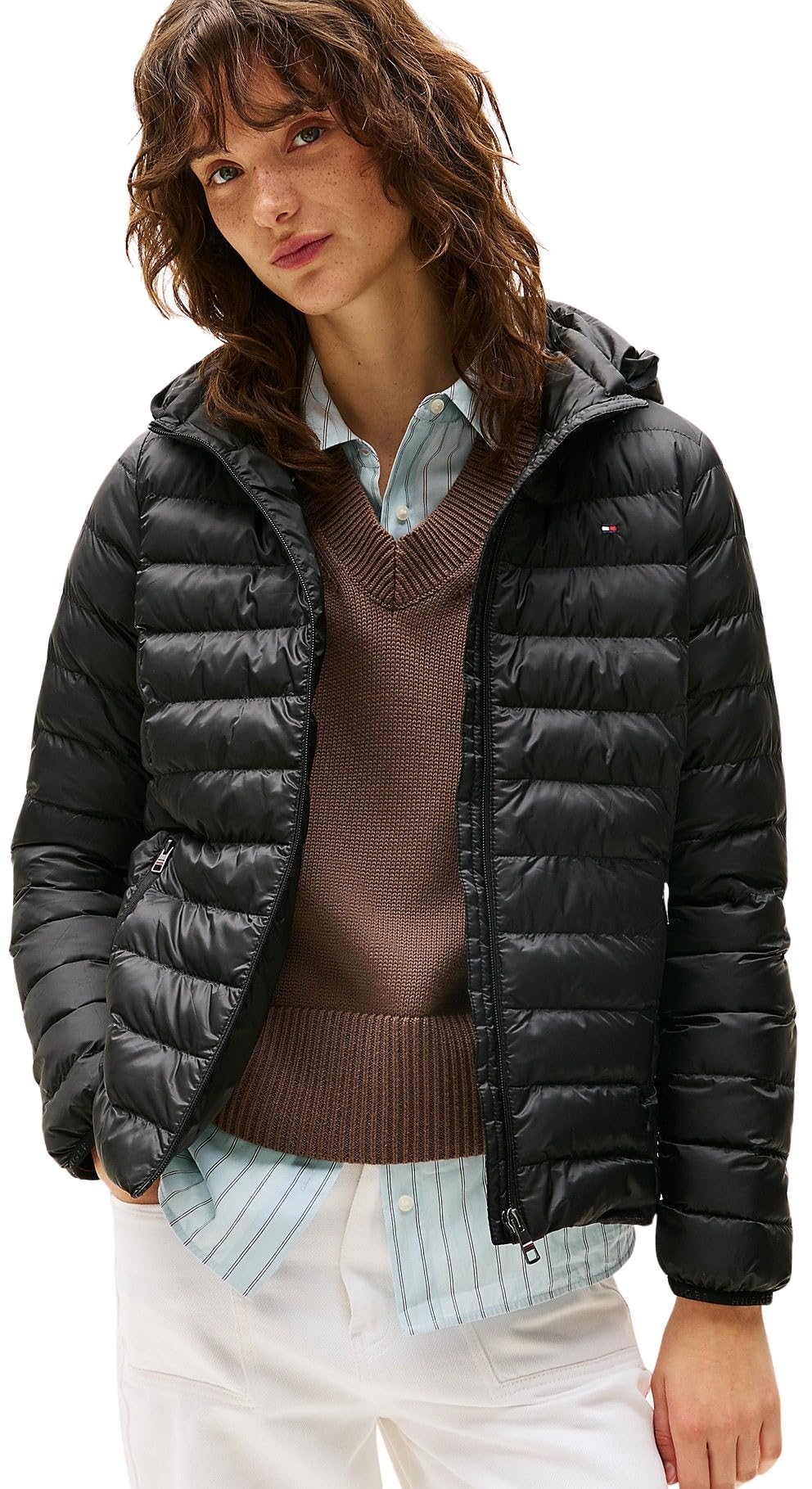 Tommy Hilfiger Donna Piumino Padded Global Stripe Jacket con Cappuccio, Nero (Black), L