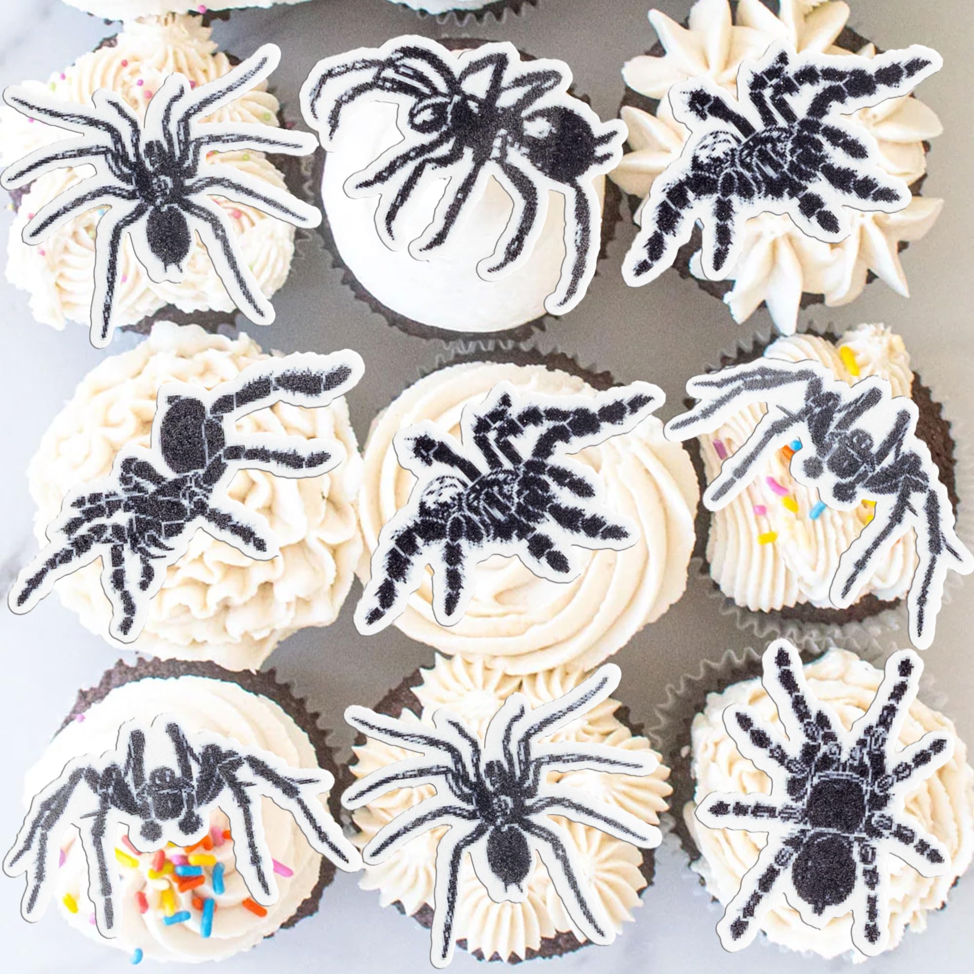 Gyufise 56Pcs Spider Edible Cupcake Toppers Horror Spider Drink Topper for Halloween Party Decorations Halloween Birthday Cake Cupcake Decorations Dark Black
