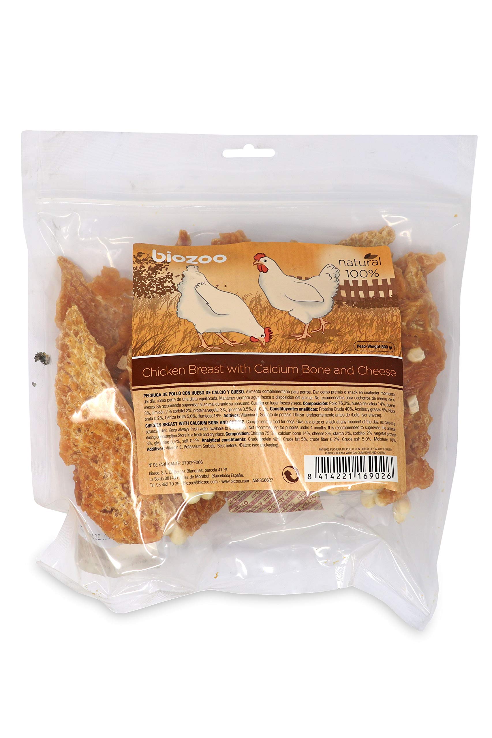 Biazoo Pechuga de Pollo con Hueso de Calcio y Queso 500 grs Snacks para Perros apto para todas las razas y tamaños