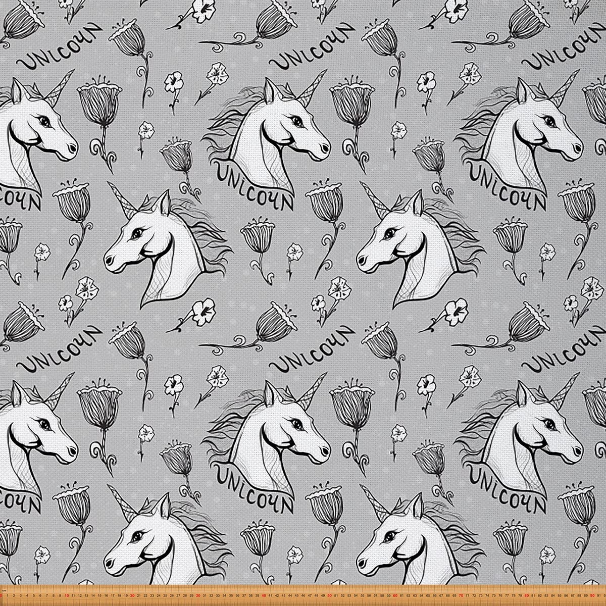 Loussiesd Unicorn Fabric by The Yard,Cute Horse Animal Upholstery Fabric for Chairs Sofa,Vintage Monochrome Sketch Stallion Design Outdoor Fabric Waterproof,2 Yard,(L184*W150cm) White Grey