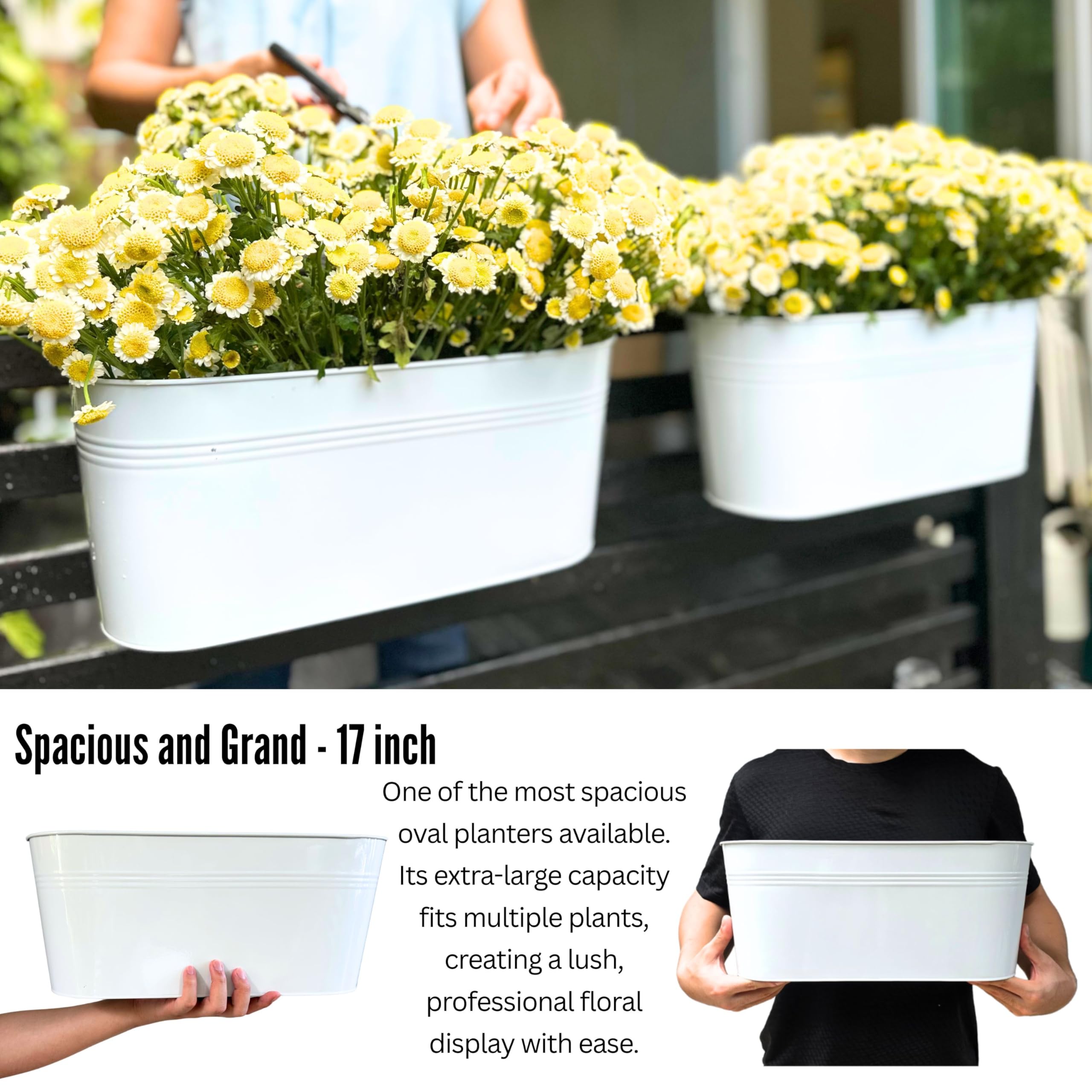 LaLaGreen - Macetas para exteriores (paquete de 8, 17 pulgadas), barandilla de metal blanco para colgar flores, caja grande para ventana, ganchos para plantas, barandilla de valla, cubo moderno,