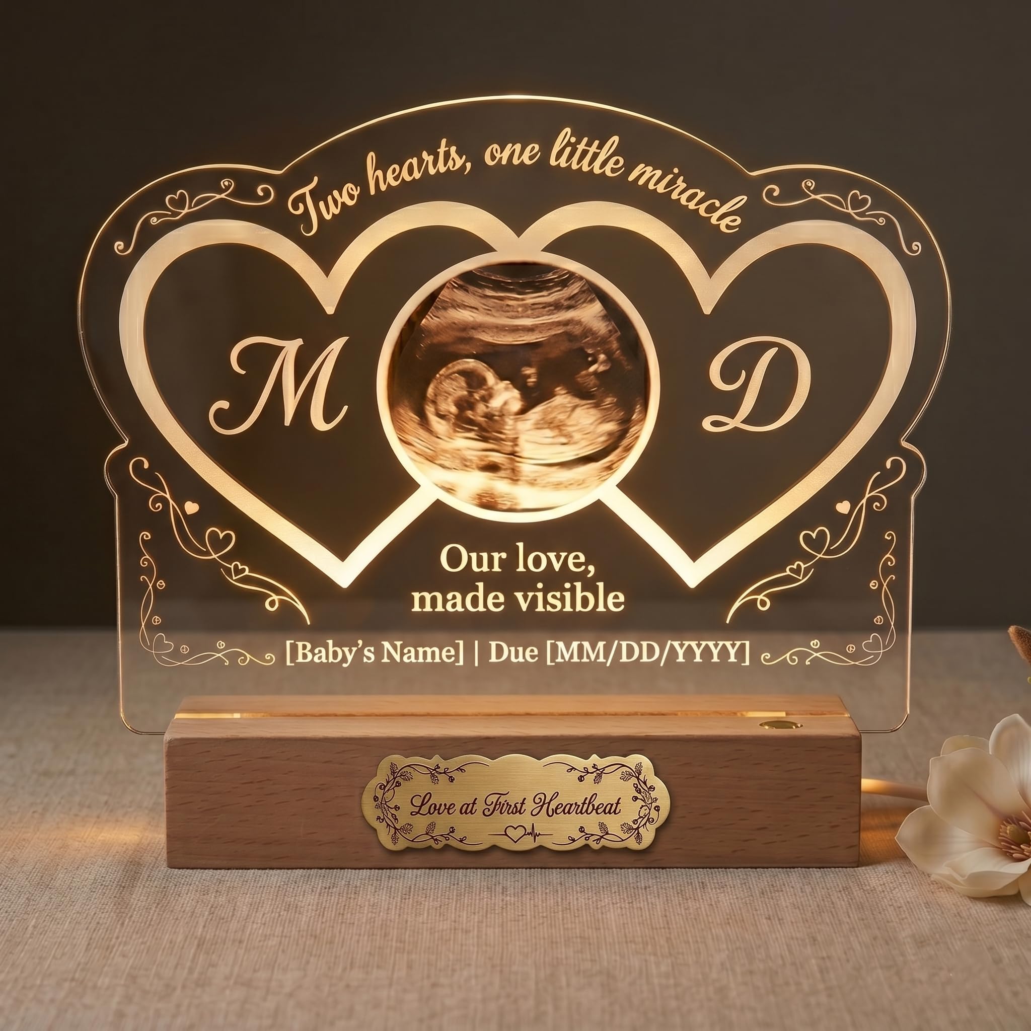EternalEcho Double Heart Baby Scan Photo Frame Pregnancy Keepsake, Acrylic Ultrasound Picture Plaque, Gifts for Expecting Parents, Mum and Dad to Be Nursery Decor (Ultimate Cordless Edition)