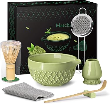 Matcha Whisk Set, 7 Pcs Matcha Kit, Ceramic Matcha Set Includes Matcha Bowl with Spout, Matcha Whisk and Holder, Bamboo Scoop, Scoop Rest, Sifter and Tea Towel Matcha Green