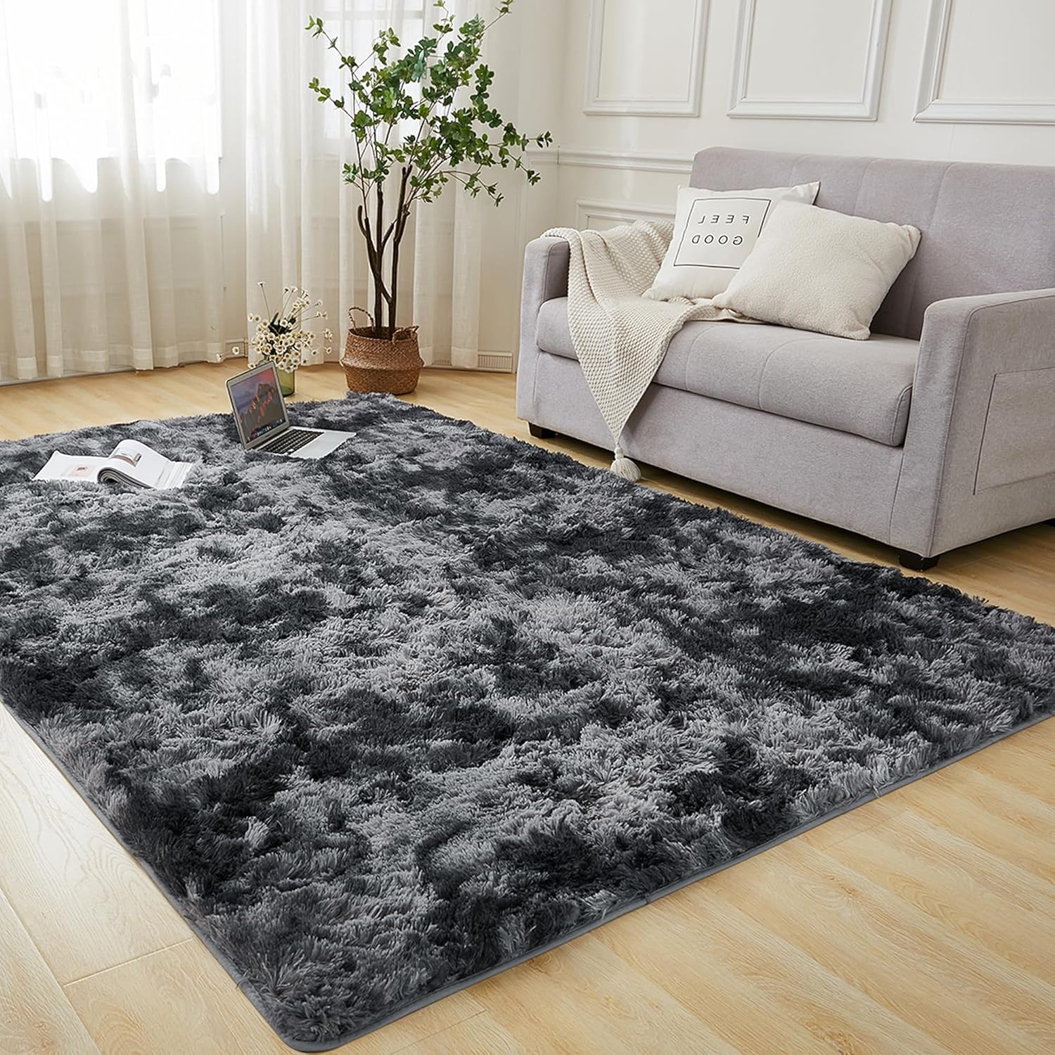 INSPIRE HOMEWARE Fluffy Shaggy Rugs Living Room Large Bedroom Rug Non Slip Carpet Thick Soft Pile Bedside Area Rug for Hallway Kids Nursery Room Non-Shedding Tie Dye Grey 140 x 200 cm