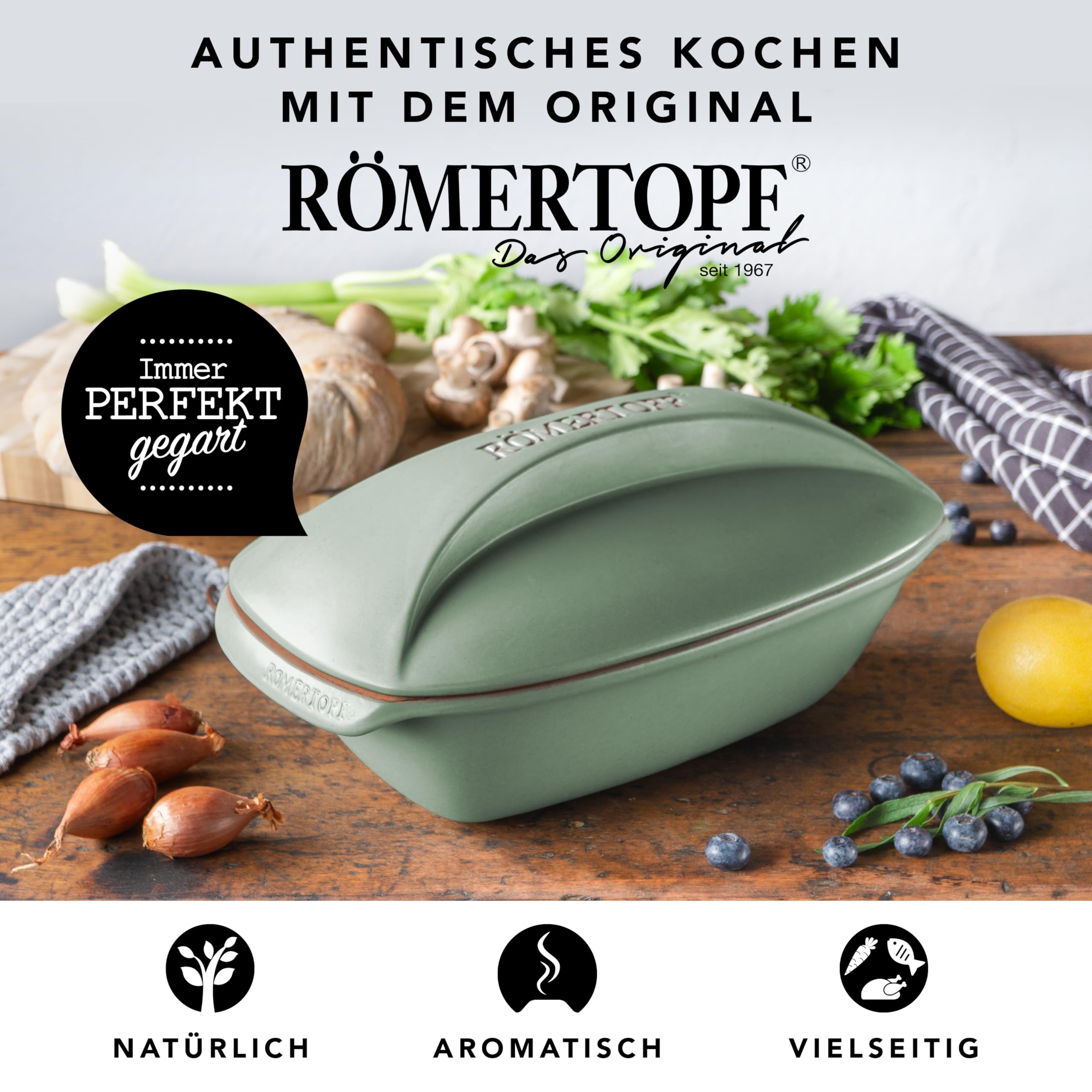Römertopf CULINARIO – Cazuela de cerámica con tapa para 4 personas, 3 L, para guisar, asar y cocer al vapor, apta para horno y lavavajillas, verde