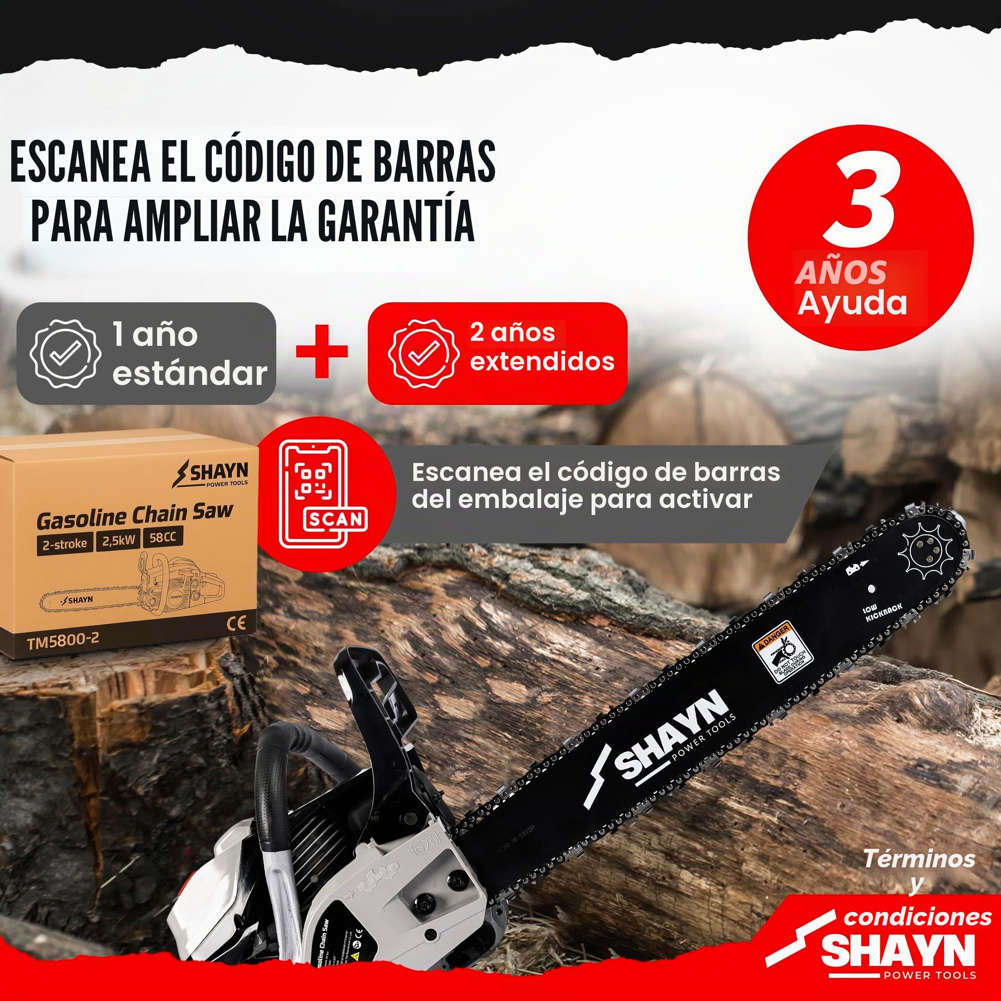 SHAYN Motosierra Gasolina de 58 cc – Sierra de cadena con mango superior de 2 tiempos con barra de espada de 50 y 40 cm, 4 cadenas de repuesto, antivibración - Ligera con 3 años de garantía