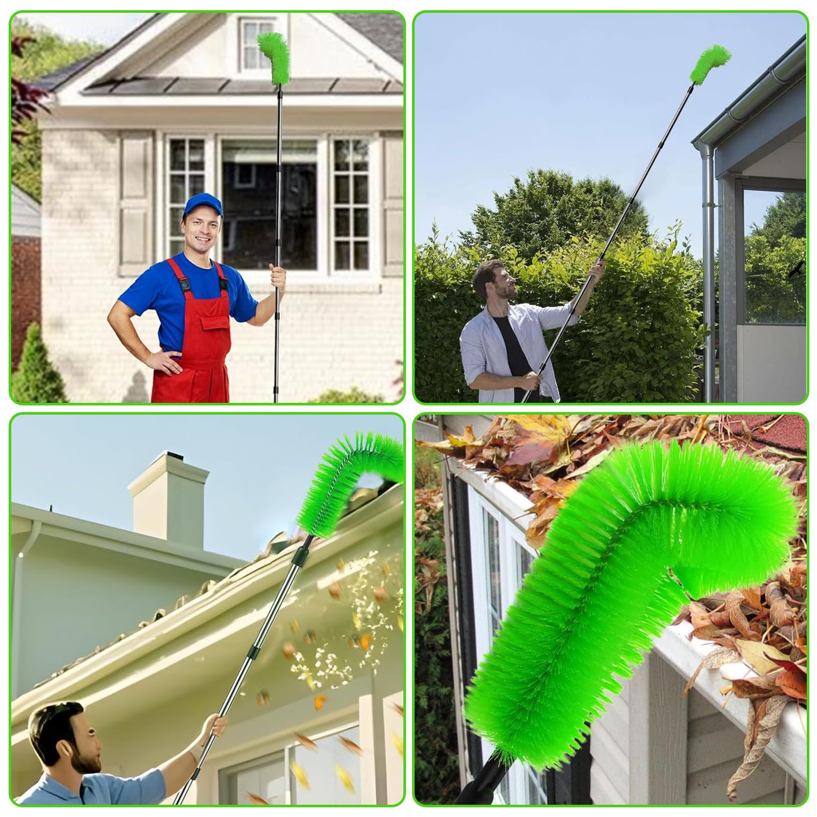 Nettoyeur de gouttières 390 cm - Brosse et cuillère de nettoyage 2 en 1 - Brosse de nettoyage de gouttières avec tige télescopique en acier inoxydable pour feuilles, fenêtres, toits de tuyaux de
