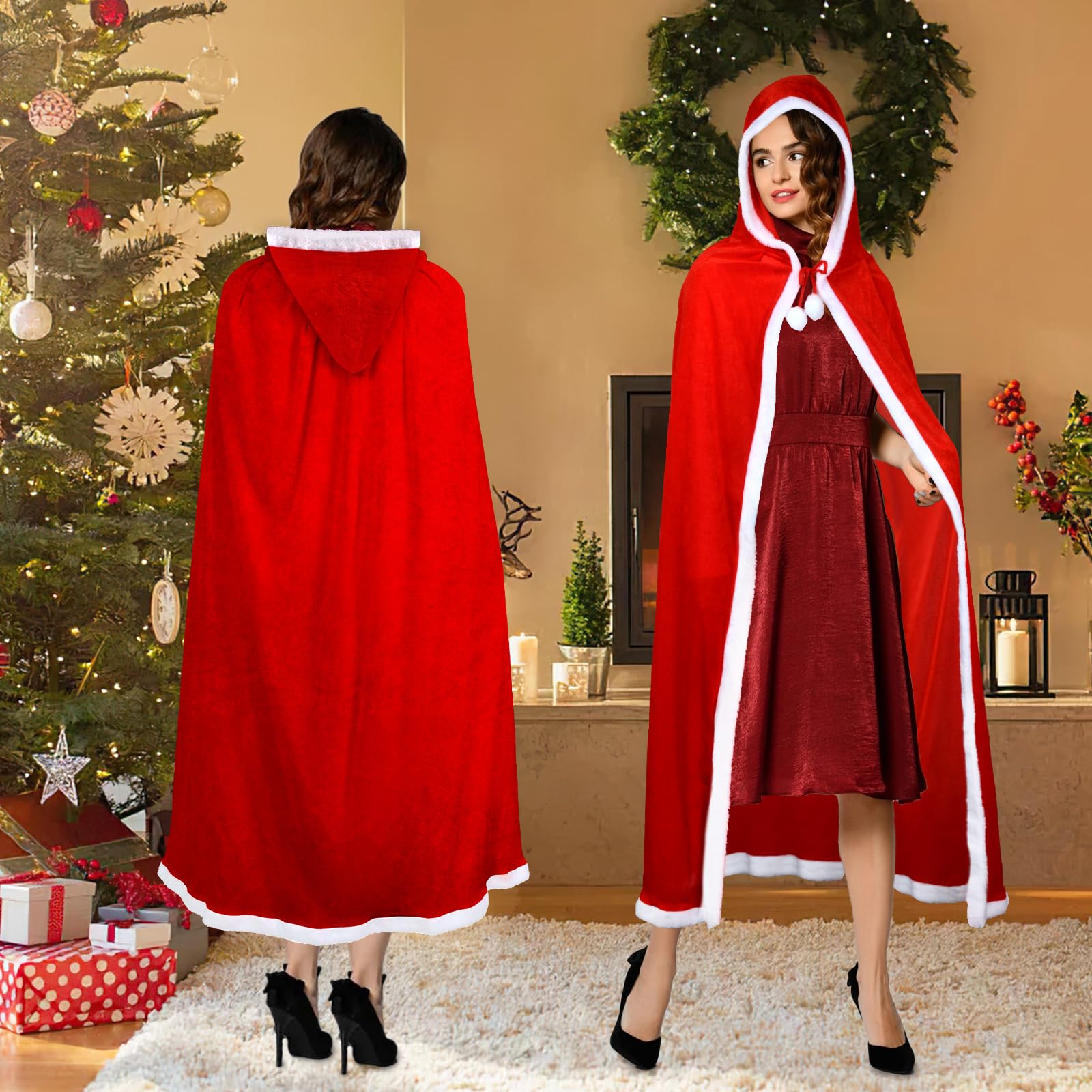 Kerstcape voor de winter, warm, met capuchon, fluweel, kerstmancape, met capuchon, Halloween, Kerstmis, cosplay, kostuum, kerstman, kostuum, party, capuchon, vintage, kerstcape voor feestdag