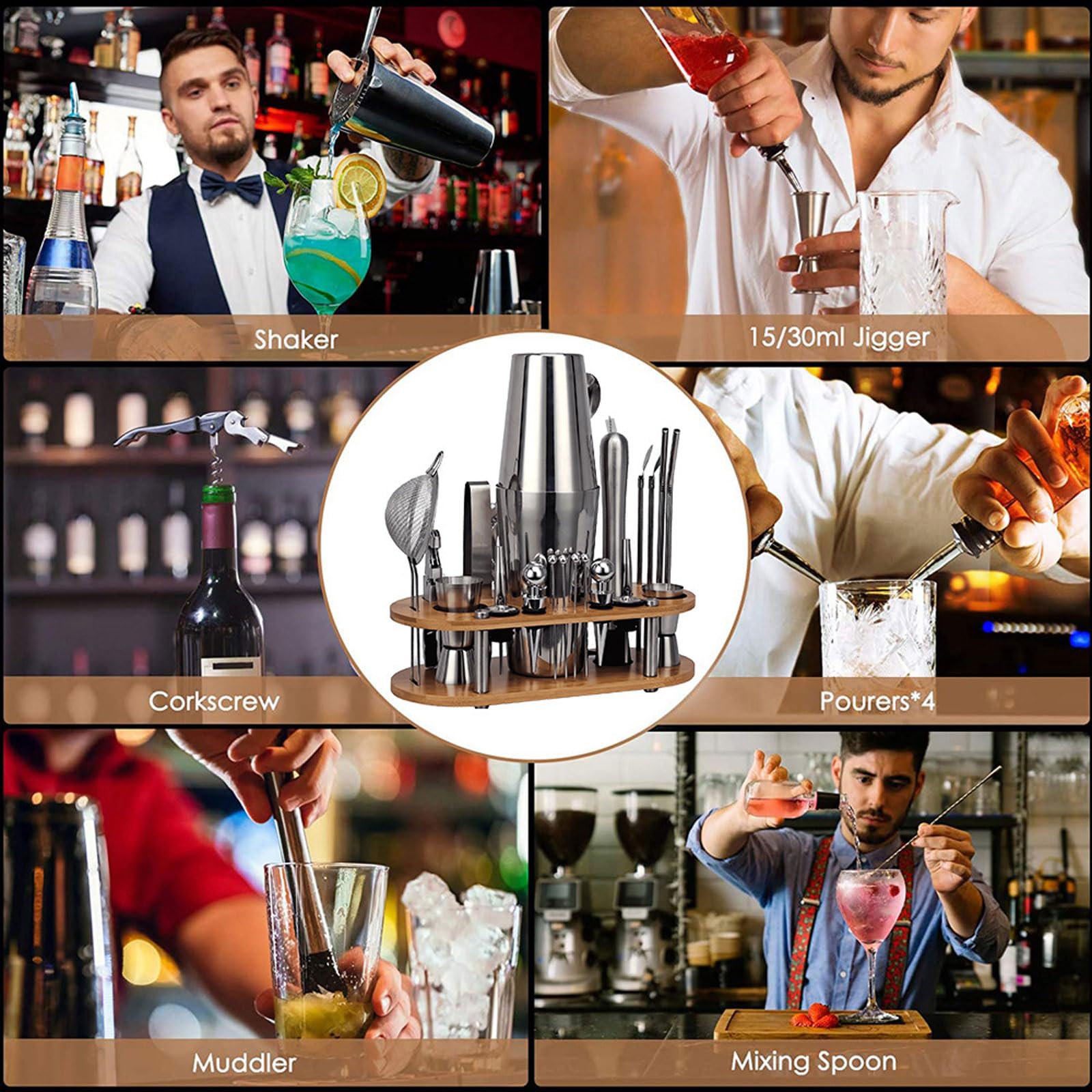 Coctelera para Cócteles Kit 23 piezas Coctelera de Acero Inoxidable Con Soporte Profesional Barman Herramientas con Mortero de Cóctel accesorios de bar para Mezclar Bebidas,Barra,hogar,Fiestas