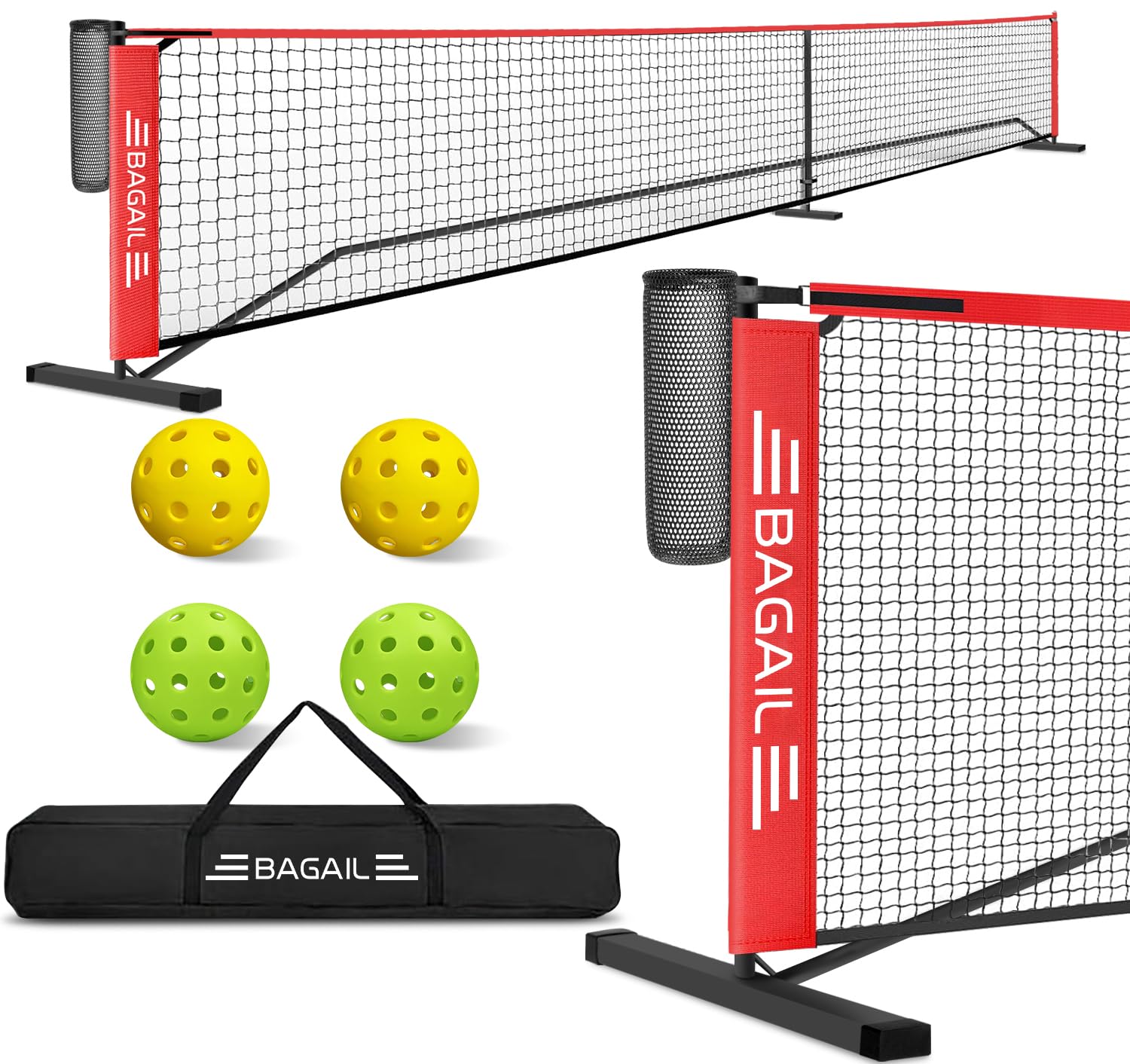 BAGAIL Portable Pickleball Net Set, 22 FT Regulation Size & 11 FT Half Court Size 2-in-1 Pickle Ball Net with Ball Collector, Carry Bag, Easy Setup for Outdoor Indoor Driveway