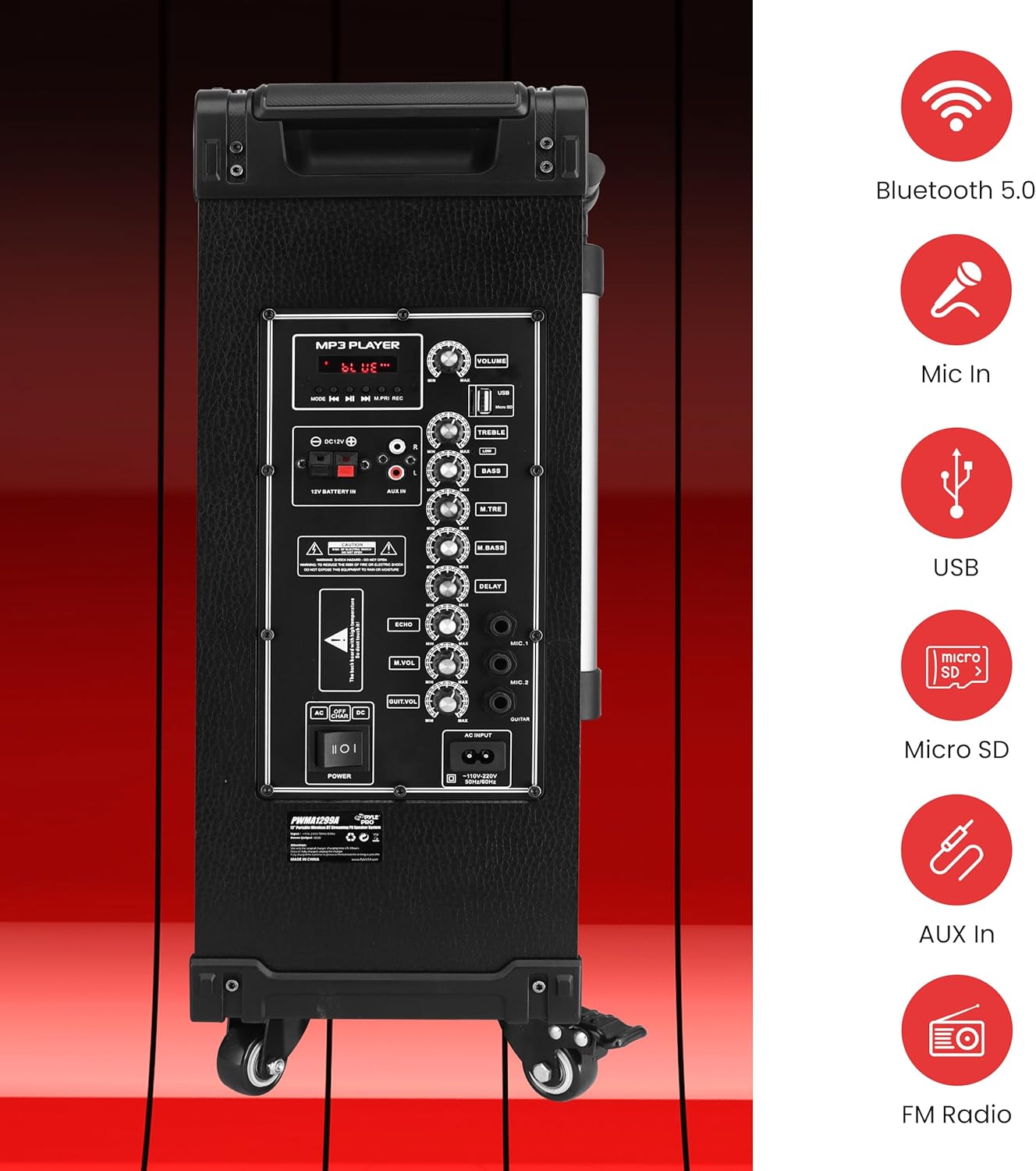 Pyle speaker rear control panel with labels for various inputs and controls
