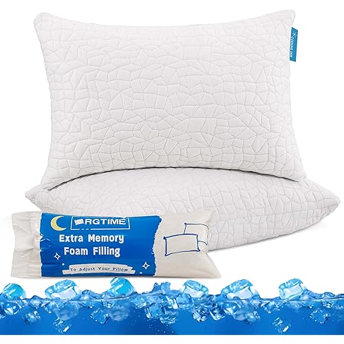 Cooling Pillows for Sleeping, Adjustable Shredded Memory Foam Bed Pillows Queen Size Set of 2, Cool Pillow for Hot Sleepers, with Extra Fill for Side Back and Stomach Sleepers