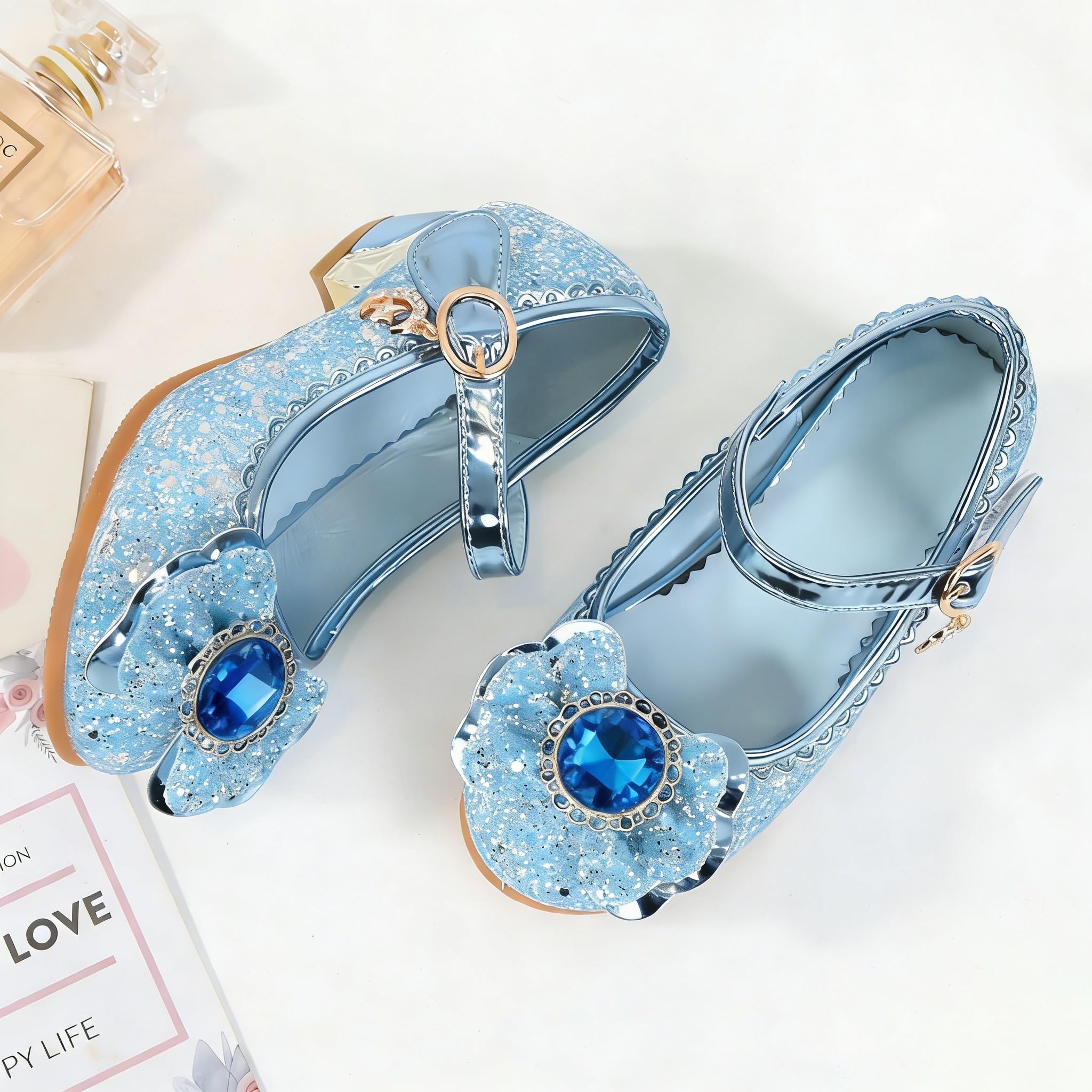 FStory&Winyee Mädchen Schuhe Festlich Prinzessin Ballerinas mit Absatz Partei Glitzer Kristall Pailletten Sandalen Cosplay Kostüm Karneval Party Verkleiden