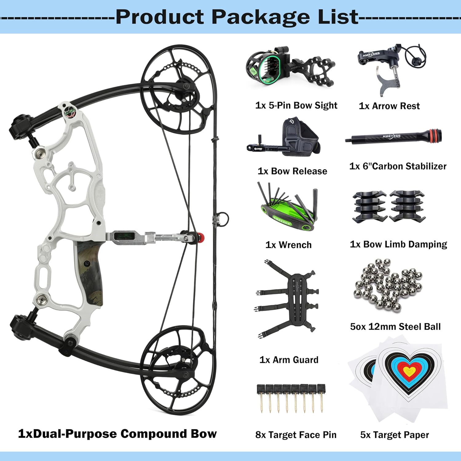 Archery Steel Ball Dual-Use Compound Bow Set 30-70 LBS Adjustable IBO 340FPS, Left/Right Hands,Suitable for Hunting Competition