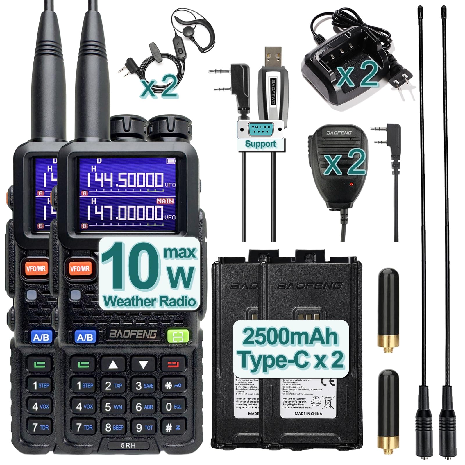 BAOFENG Radio 10W Walkie Talkies Long Range NOAA Weather Radio Handheld Emergency Two Way Radio 999CH with 2500mAh Type-C Battery,Programming Cable for Survival Gear Hunting Camping(2PACK) - 1