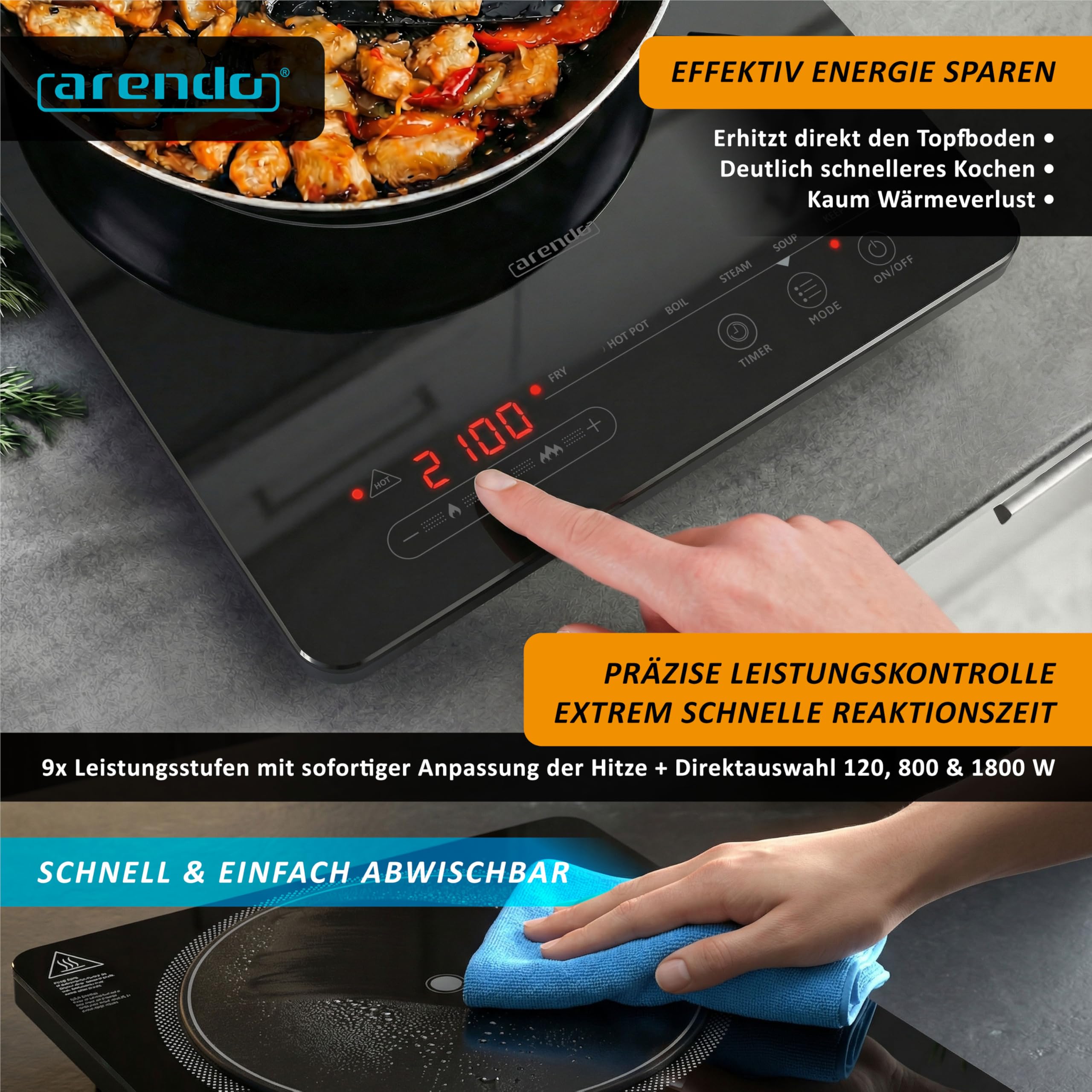 Arendo - Kochplatte Induktion 2100 Watt - Induktionskochplatte - 9 Leistungsstufen - 1 Induktionskochfeld - Sensor Touch Bedienfeld - Überhitzungsschutz - Automatische Erkennung der Topfgröße