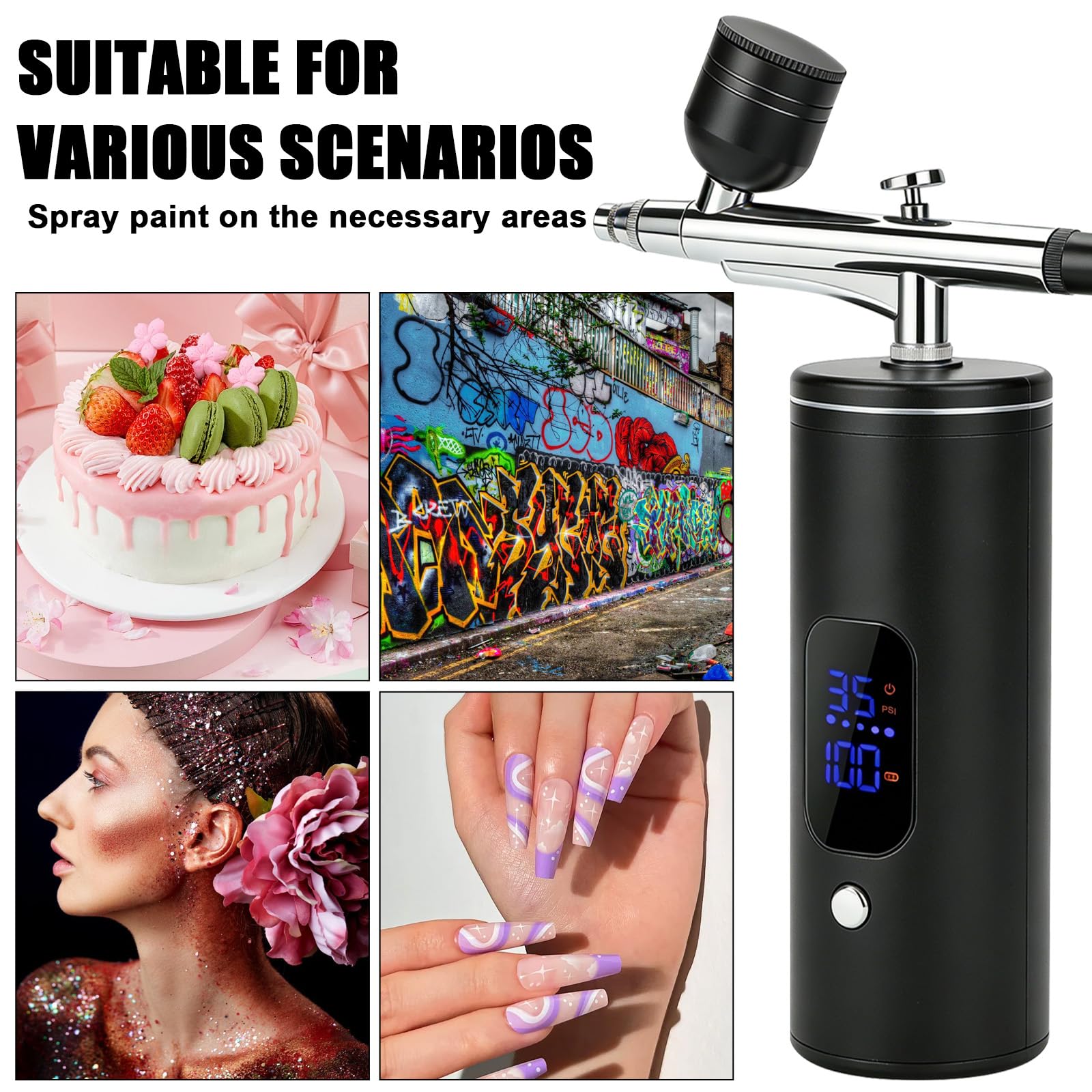 Set aerografo wireless con compressore, 30 PSI, batteria portatile, ricaricabile, pistola aerografo palmare, accessori per la pulizia del trucco, decorazione della torta e modello, nero