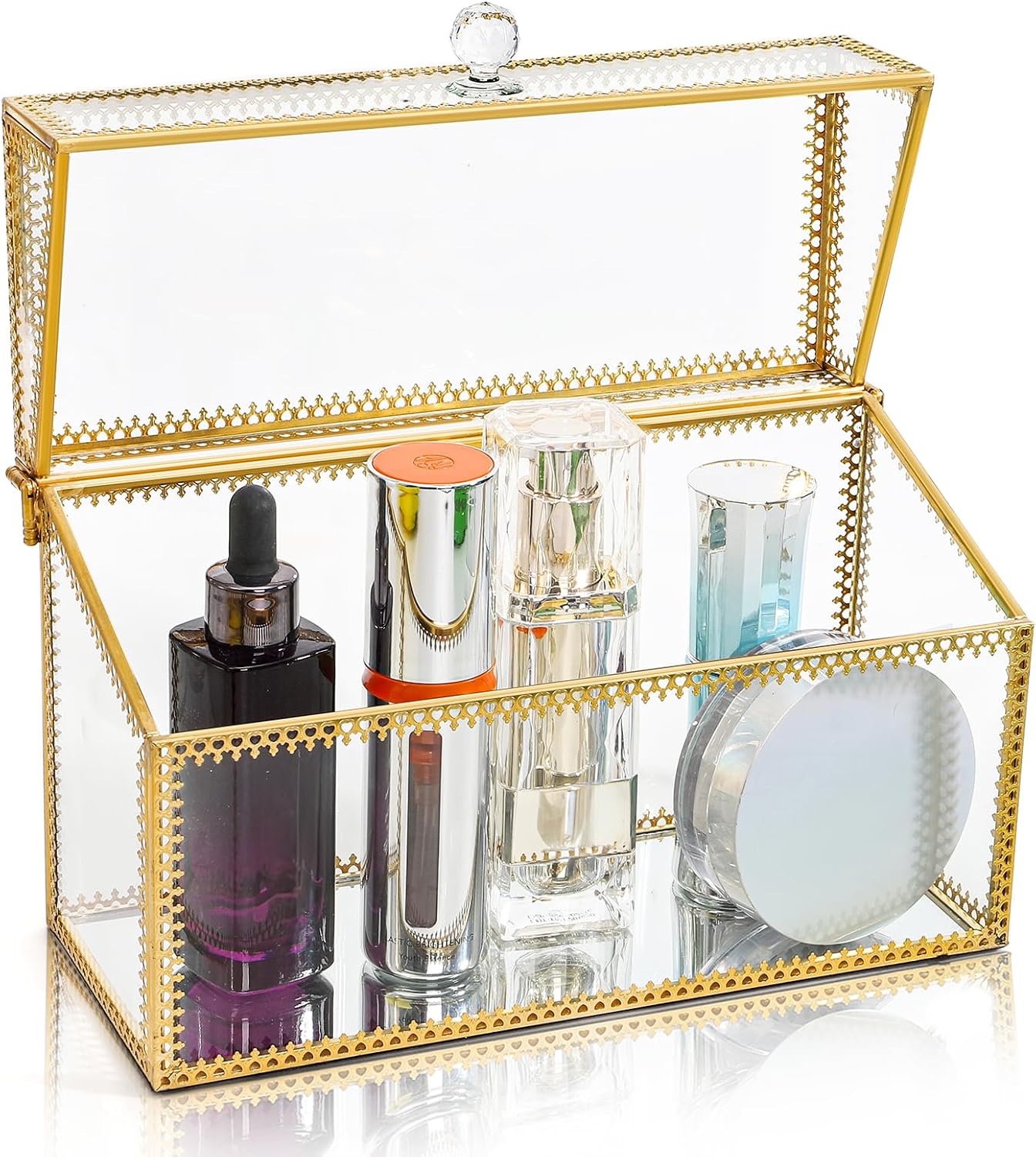Pumtus 24 Slots Lipstick Organizer with Lid, Dustproof Tempered Glass Lipgloss Case, Vintage Clear Perfume Holder with Removable Divider, Versatile Luxury Vanity Makeup Storage Box for Cosmetics