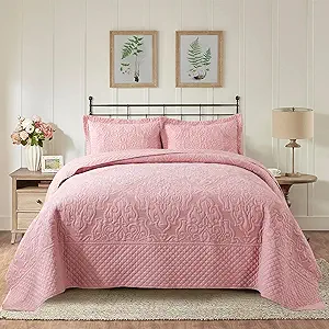 NEWLAKE Quilt Bedspread Set, Pink Jacquard Embossed Floral Pattern Reversible Embroidered Microfiber Coverlet Sets, King Size