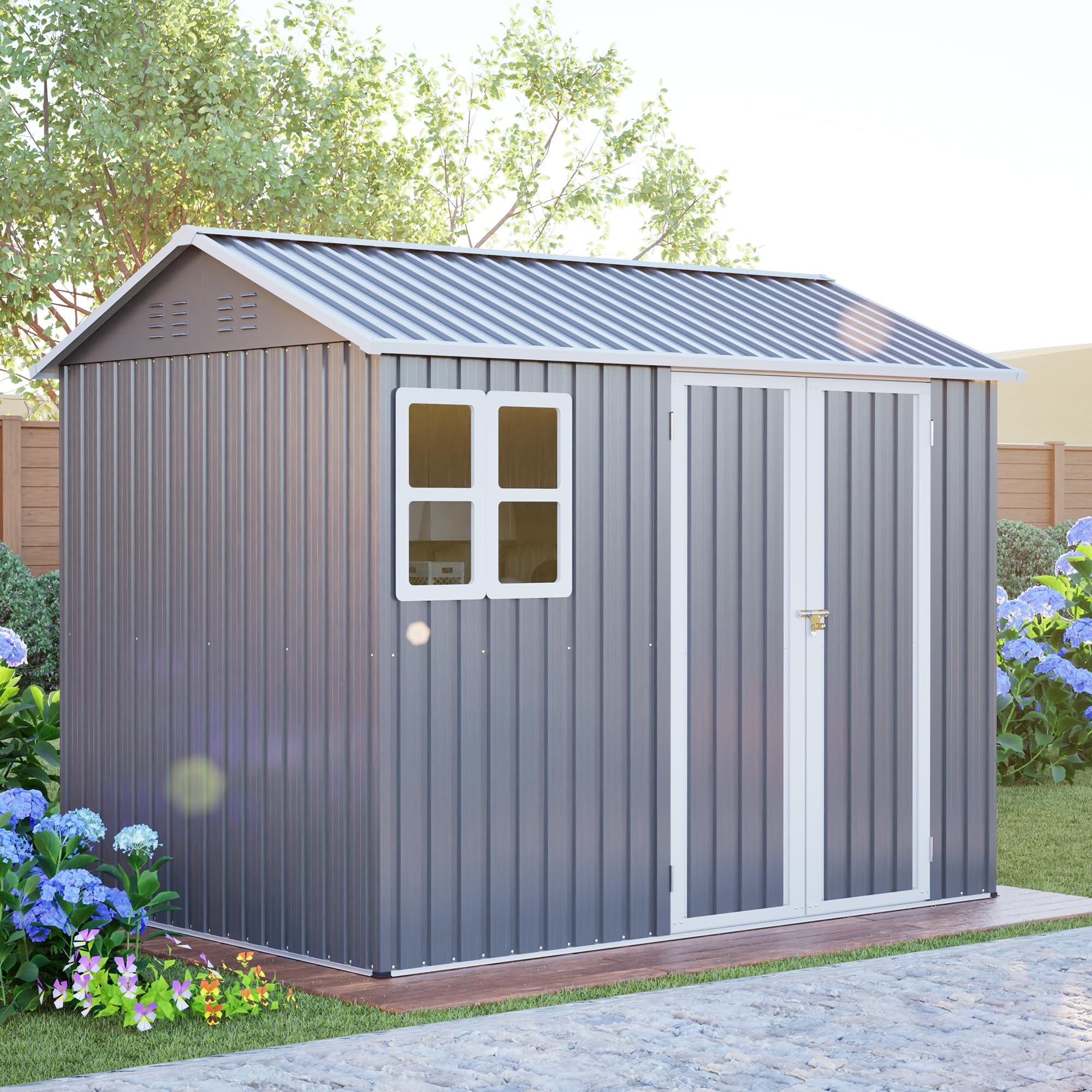 Thanaddo 8×6ft Gerätehaus Metall Groß Geräteschuppen 250x180x200cm mit Fundamentrahmen, Wetterfest Gartenhaus mit Fenster & Abschließbarer Tür, Gartenschuppen für Outdoor Garten Hinterhof, Grau