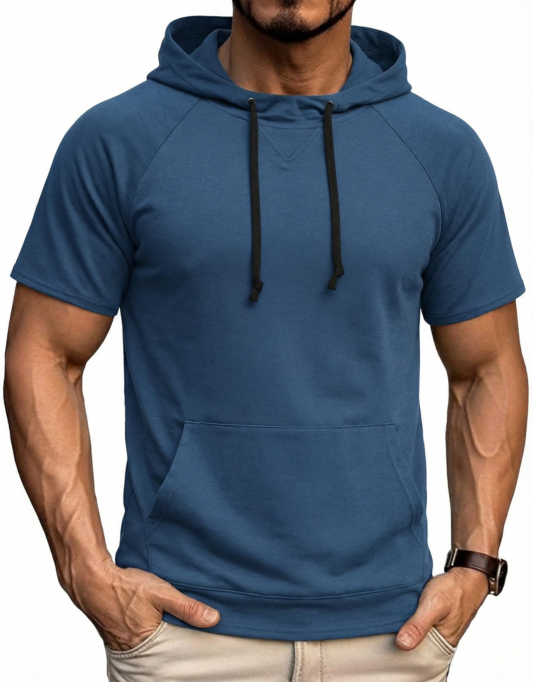 COOFANDY Sudadera con Capucha de Manga Corta para Hombre Camiseta Deportiva con Bolsillo Canguro Estilo Urbano y Fitness para Gym Running y Verano Casual Azul M