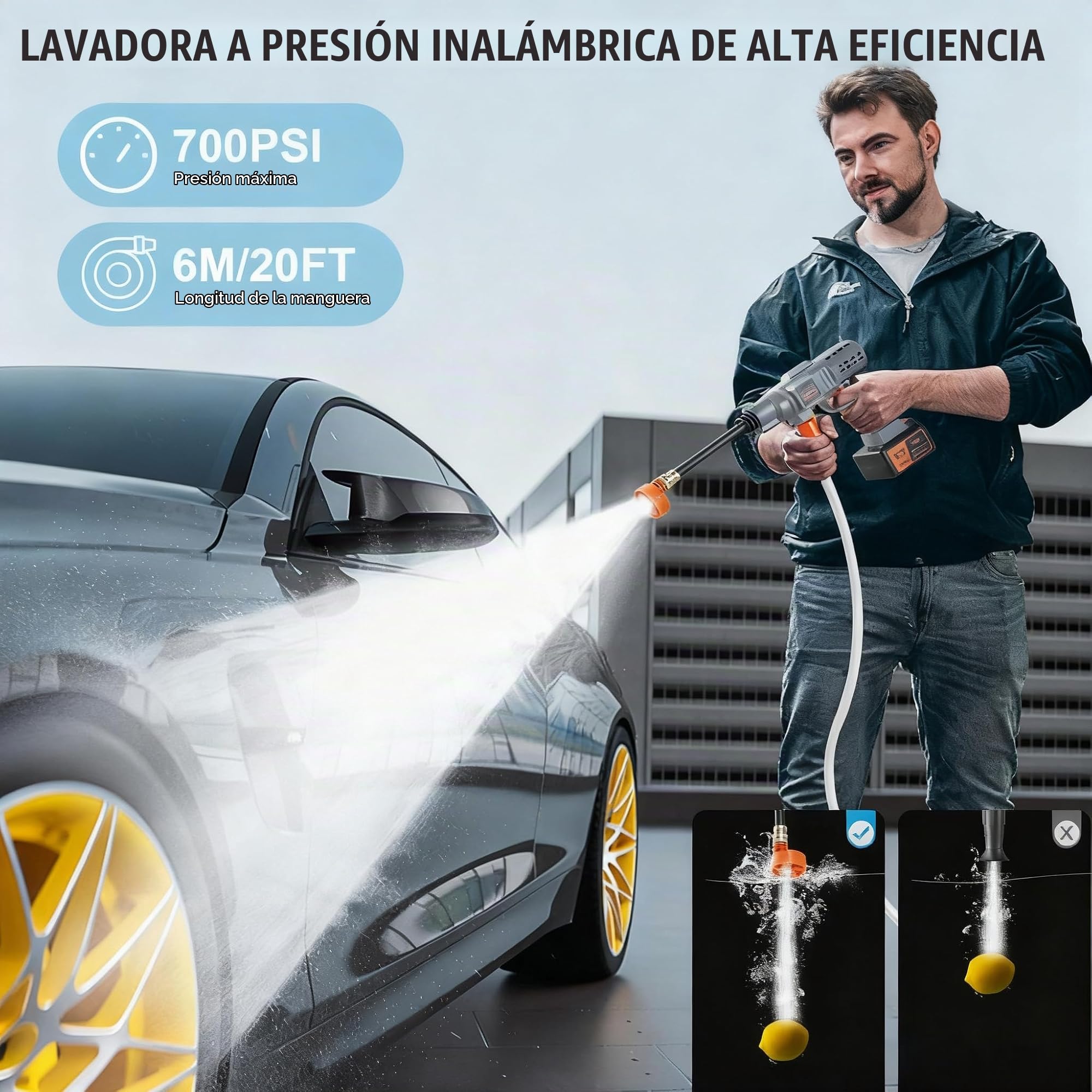 DEWINNER Pistola de Alta Presión Portátil Batería 32V MAX 580 PSI, Kit de Lavado Eléctrico con Batería 2.6Ah y Boquilla Giratoria, Ideal para Coche, Patio, Ventana, Jardín