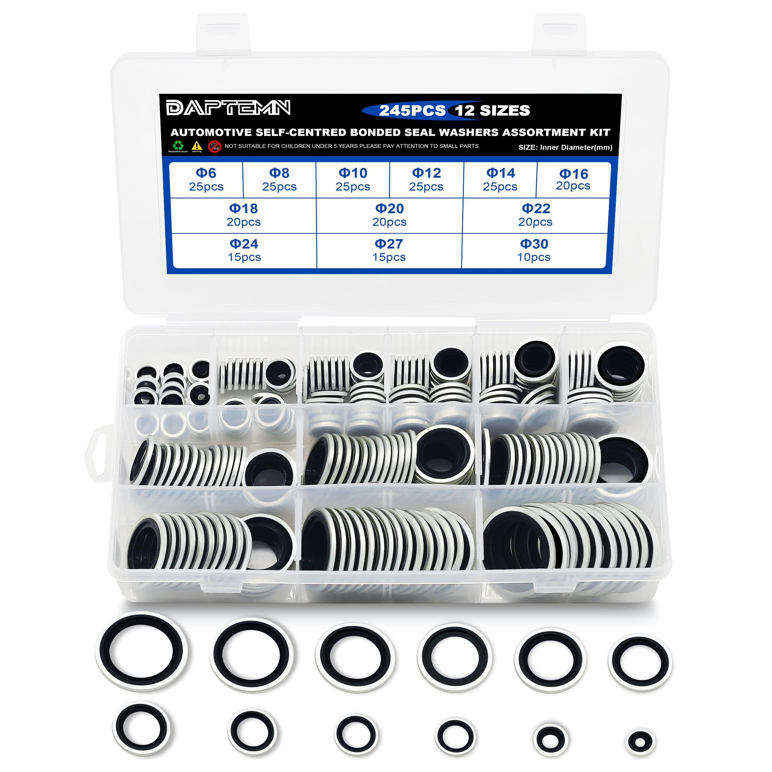 245PCS Bonded Sealing Washers, NBR Metric Zinc-Plated Steel Self-Centred Sealing Rubber Washers, Automotive Seal Gasket Crush O-Ring Assortment Kit Set, Includes Sizes of M6-M30