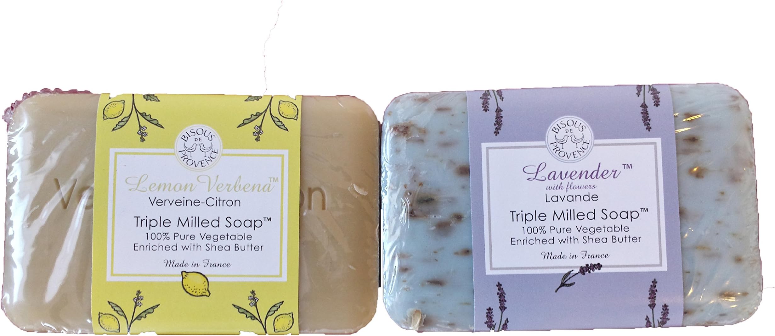 Trader Joe's Bisous De Provence Triple Milled Bar Soap 100% Pure Vegetable Enriched With Shea Butter 2 Scent Bundle- 1 Lemon Verbena (Verveine-Citron) & 1 Lavender With Flowers (Lavande) (2 Bars Total)