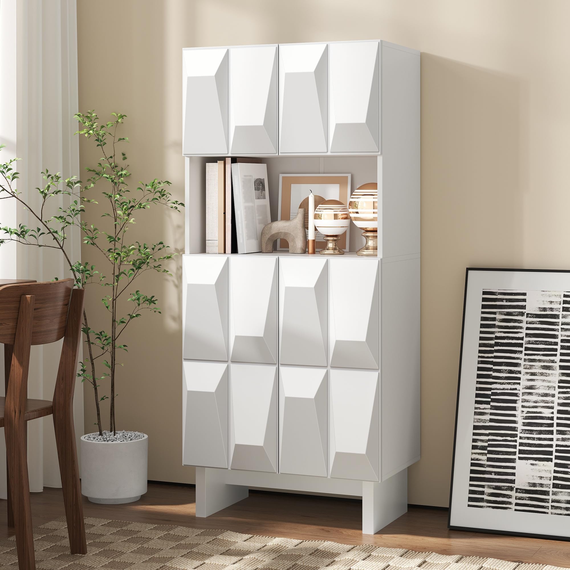 vitrina, blanco, armario alto, tablero de partículas, relieve, 4 puertas, compartimento abierto, Suelo ajustable, sala de estar, estudio
