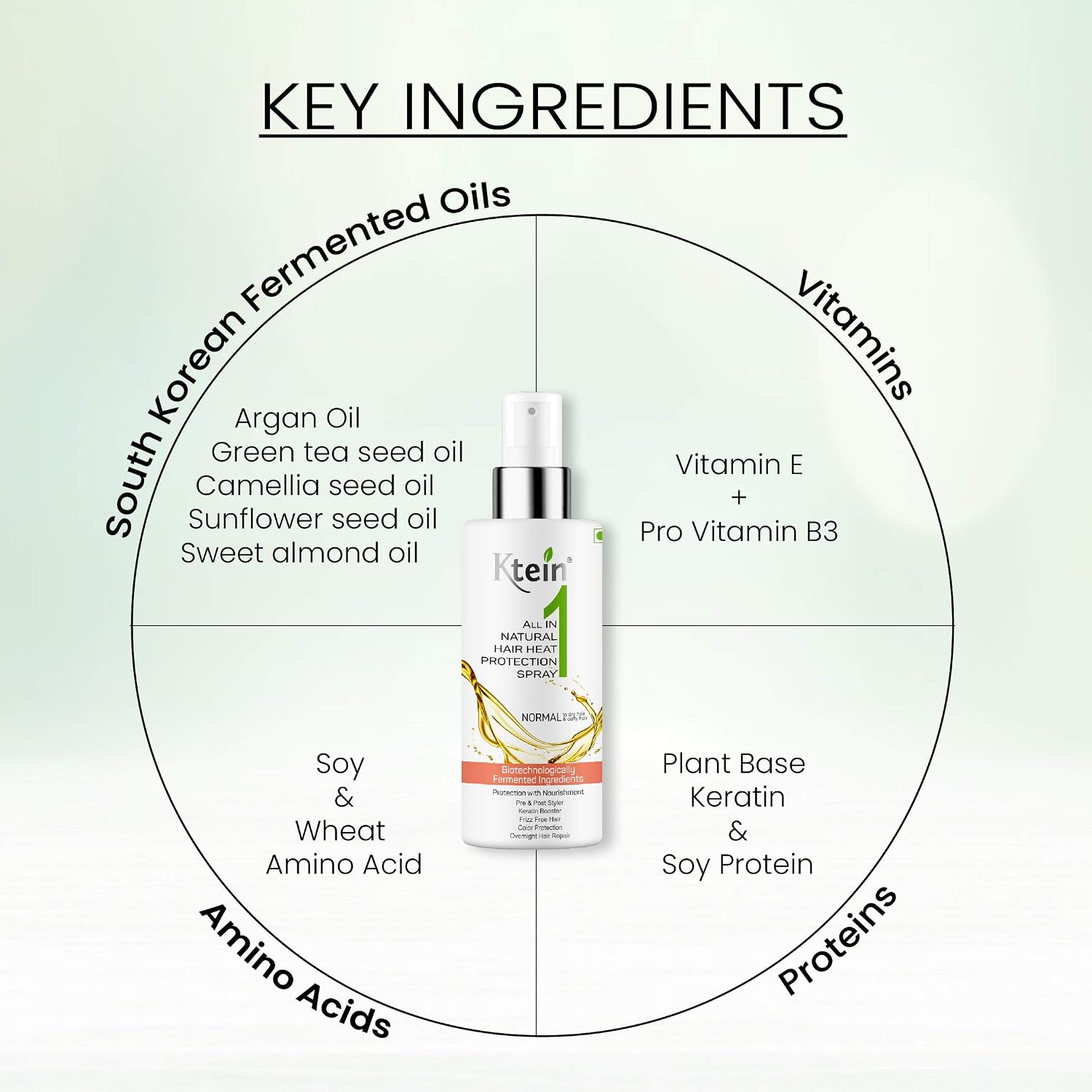 Ktein All in 1 Natural Hair Heat Protection Spray with Fermented Argan Oil, Vitamin E, Pro Vitamin B3 and Plant Based Keratin, 100ml