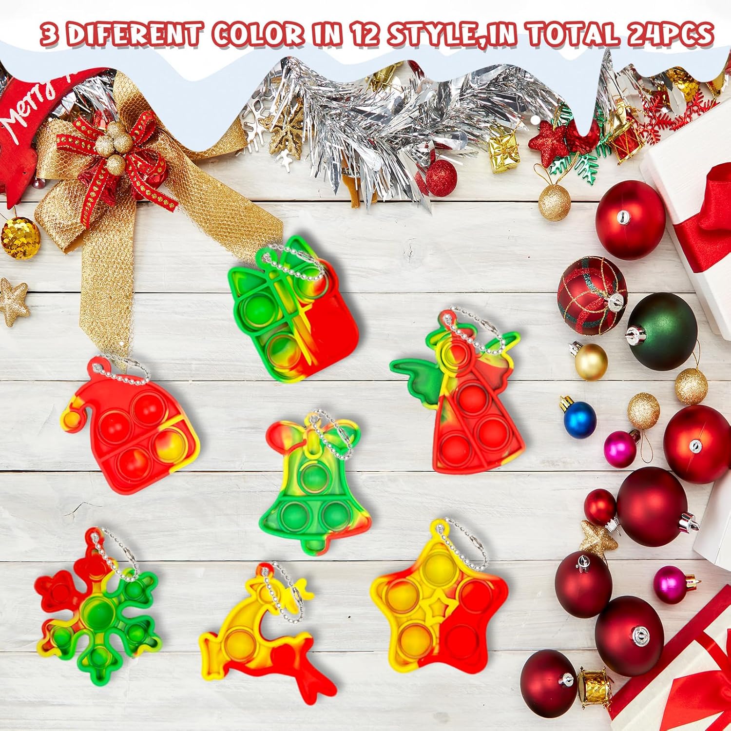 YQUQWN 24PCS Christmas Mini Pop Keychain Fidget Toys with 24 Holiday Cards, Mini Silicone Pop Toys Bulk for Kids Party Favors Christmas Toys Classroom Gift