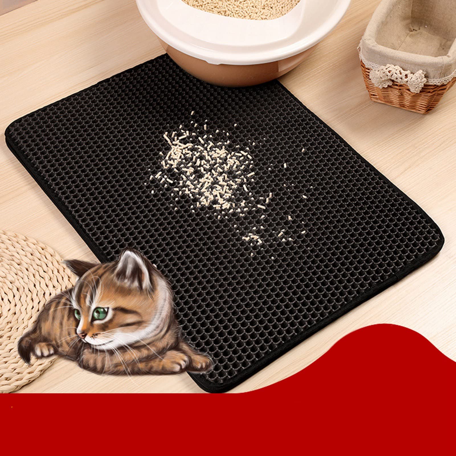KIMISS Estera para Atrapar para Gatos, Doble Capa, Impermeable, Antideslizante, Fácil de Limpiar, Estera para Residuos de Gatito para Alimentación de Mascotas (BLACK)