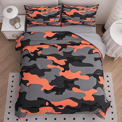 Miniatura 3 de Juego de edredón para niños, tamaño Queen, juego de ropa de cama de camuflaje naranja y gris militar, juego de ropa de cama tamaño Queen, juego de