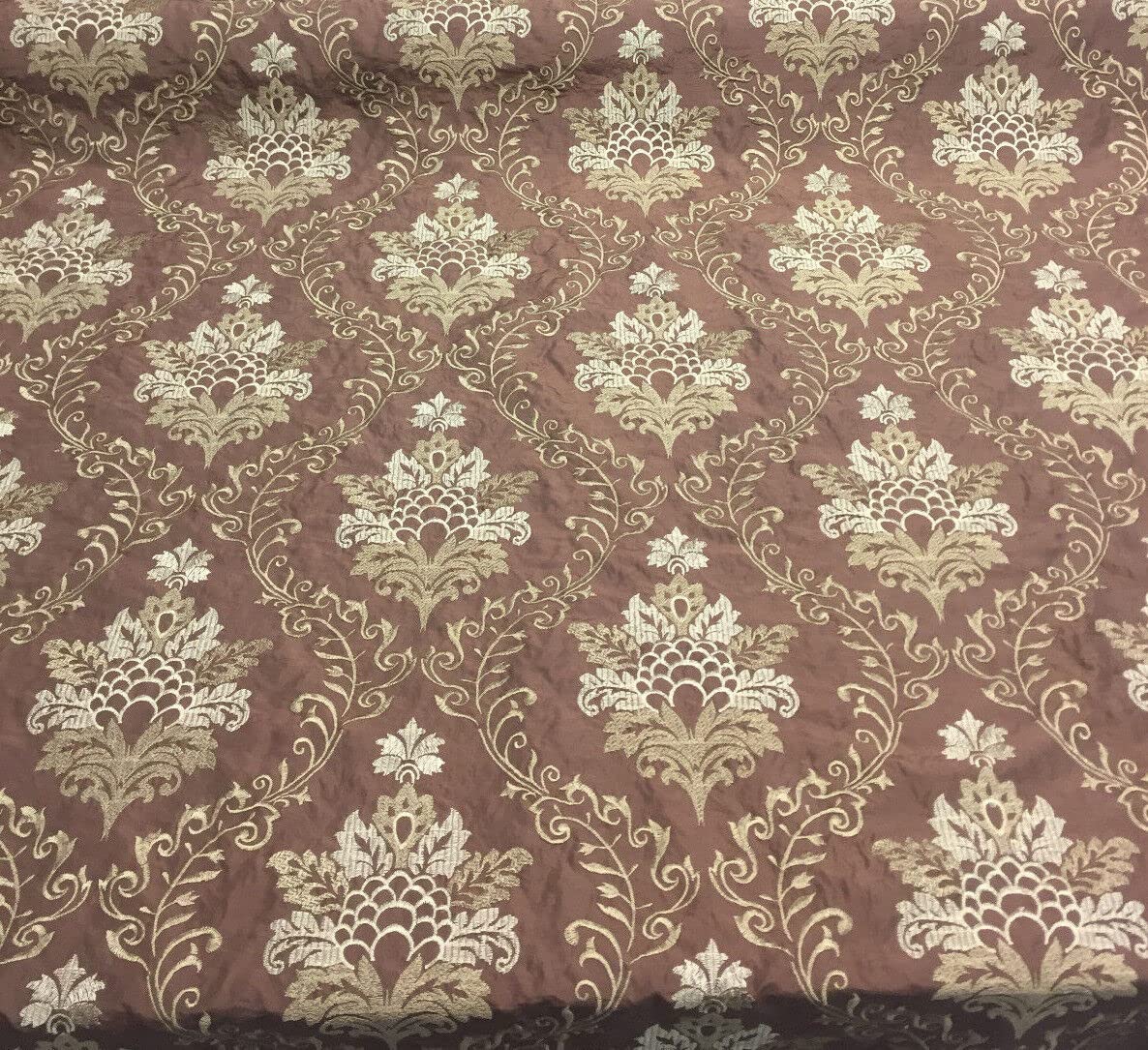 Fabricut Brown Gold Damask Embroidered Faux Silk Fabric by The Yard
