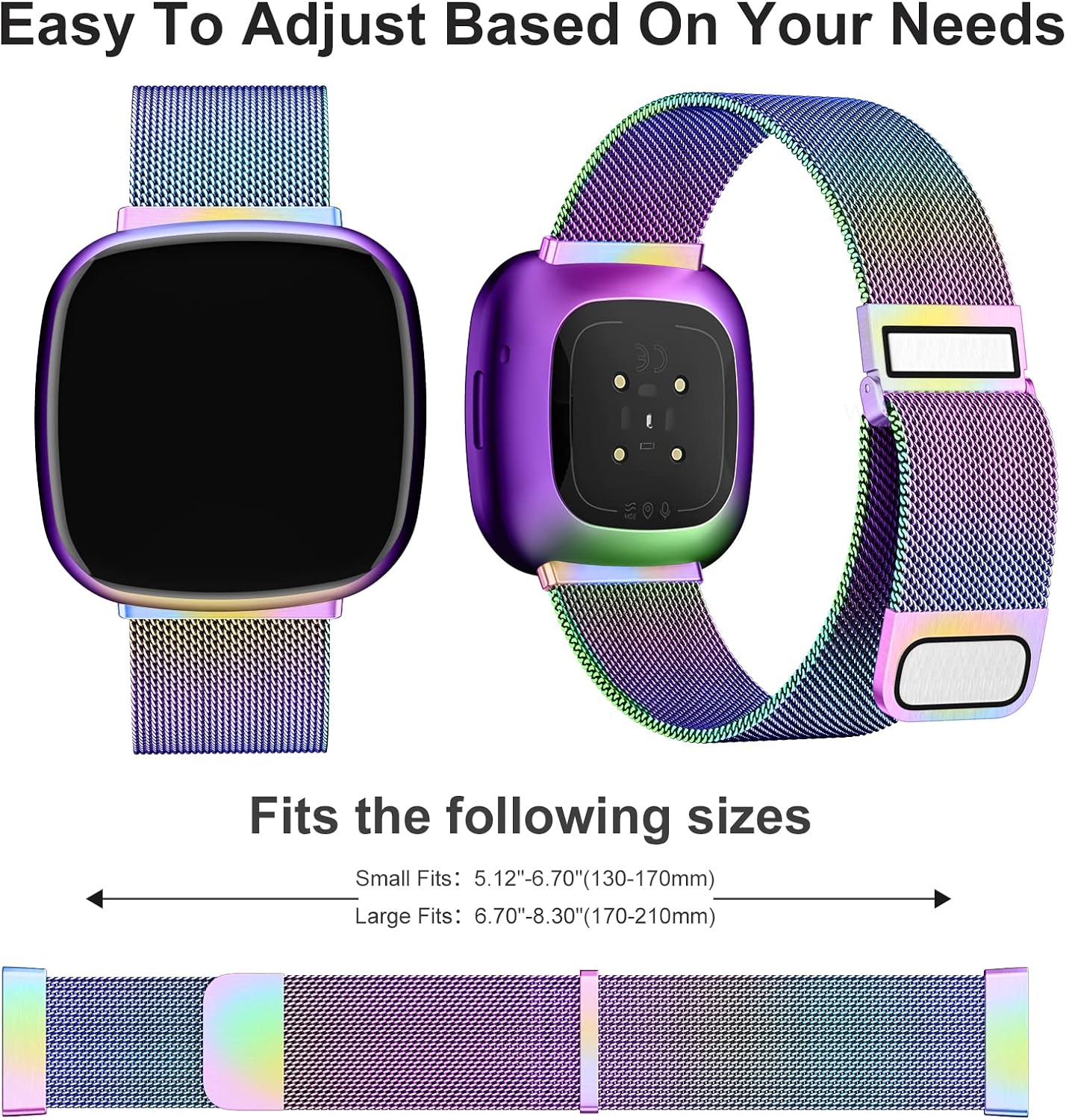 Zedoli Bands Only Compatible with Fitbit Sense 2/Versa 4 and Fitbit Sense/Versa 3 Four Models, Stylish Fashionable Stainless Steel Milanese Metal Loop Wristbands Replacement Bands Women Men, Colorful