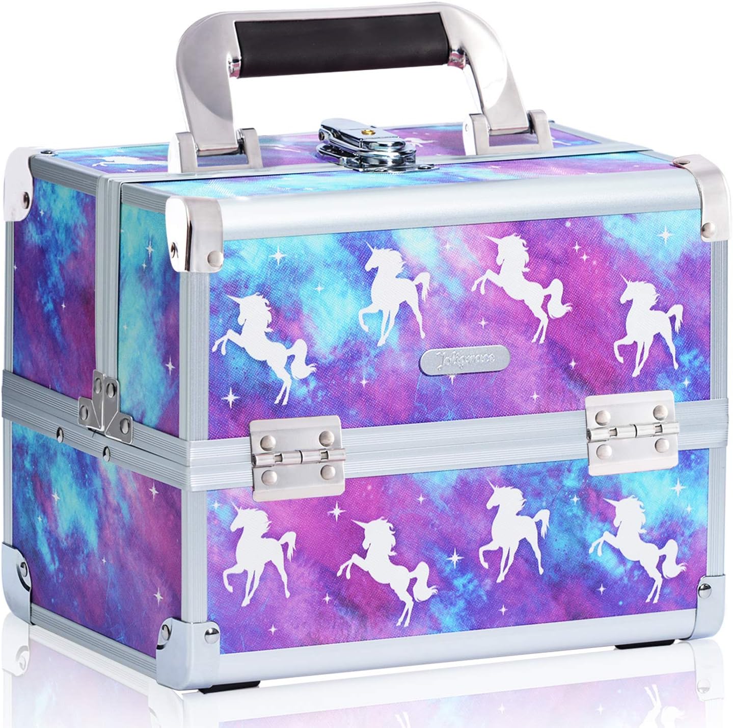 Joligrace Makeup Train Case for Girls Cosmetic Box - 2 Trays Key Lock Makeup Box Jewelry Storage Organizer with Mirror (Unicorn)