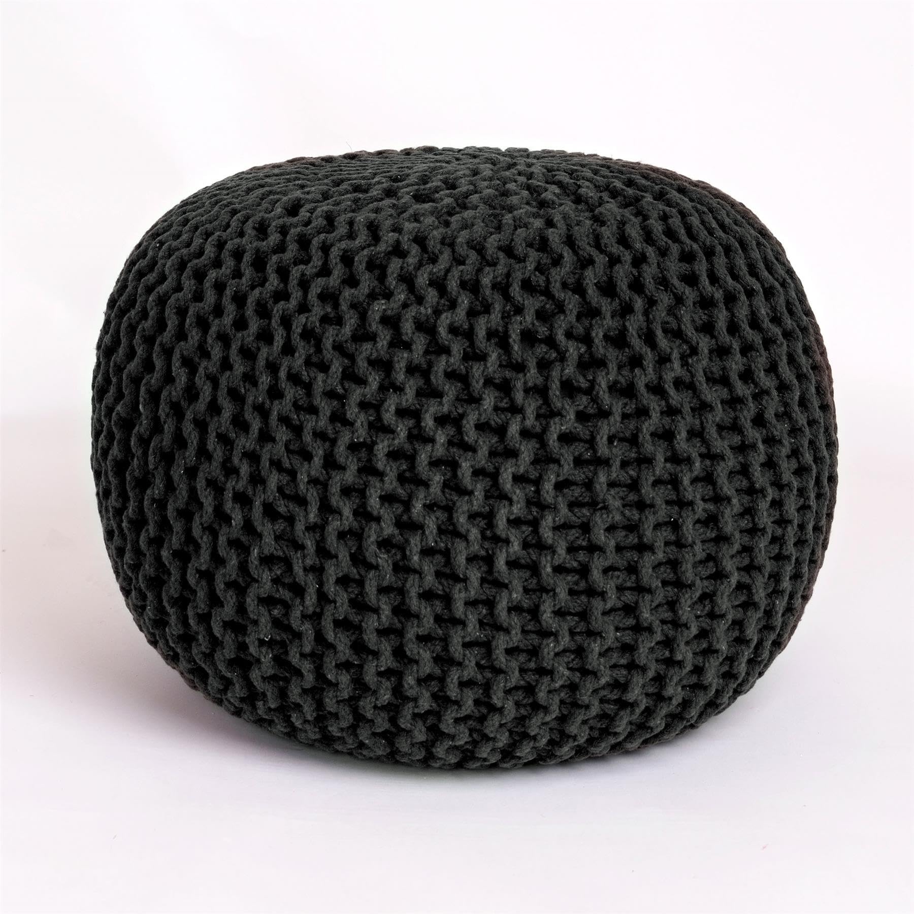 Roseley Round Chunky Knitted Pouffe Footstool Braided Cotton Ottoman Resting Feet 50cm Comfy Filled Bean Seat 50cm Light Foot Stool Living Room Decor Firm Support For Children Elderly [Black]