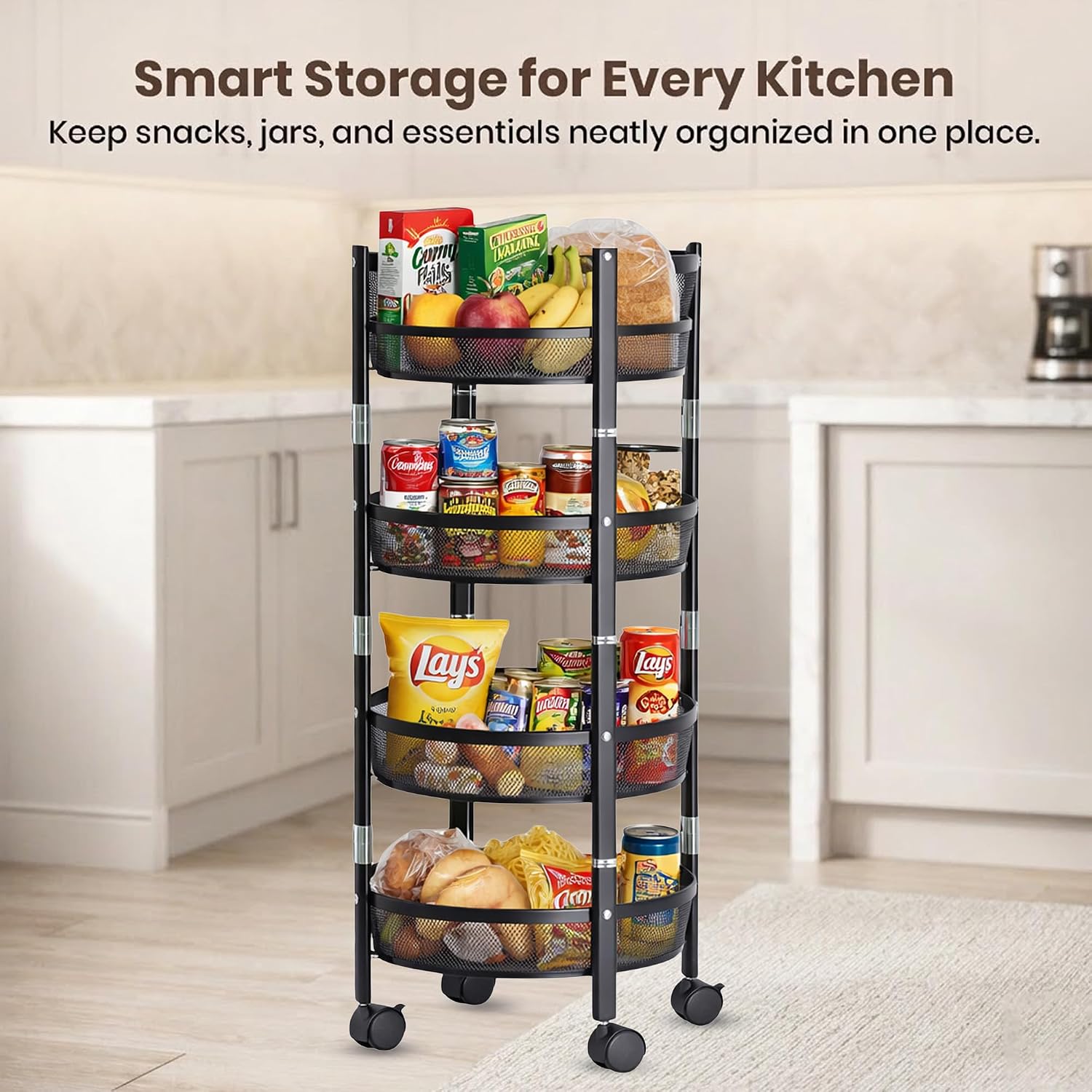 4-Tier Rolling Utility Cart with Wheels, Foldable Storage Cart Organizer, Collapsible Metal Rolling Trolley, Space Saving Kitchen Cart, Bathroom Organizer, Laundry Cart, Office Storage Rack