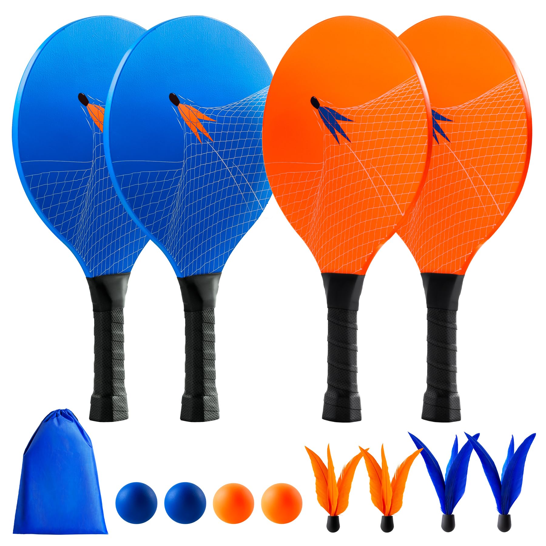 Paddle Ball Set – Indoor & Outdoor Racket Game for Kids, Teens, and Adults, Badminton & Camping Games Essentials, Fun for Beach, Yard, and Lawn Play All Year Round Wooden Bule Green Yellow Orange 4 Paddles 4 Balls