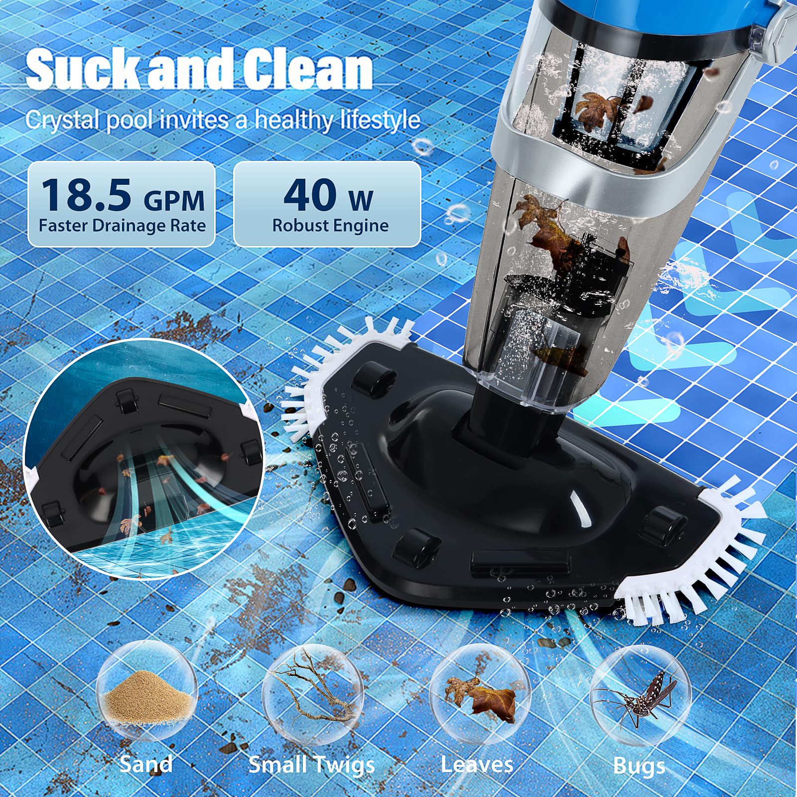 Aspirateur de piscine sans fil, rechargeable, aspirateur de piscine portatif pour piscines hors sol et creusées, spa, jacuzzi, aspiration 18,5 GPM, temps de fonctionnement de 80 minutes (argenté)