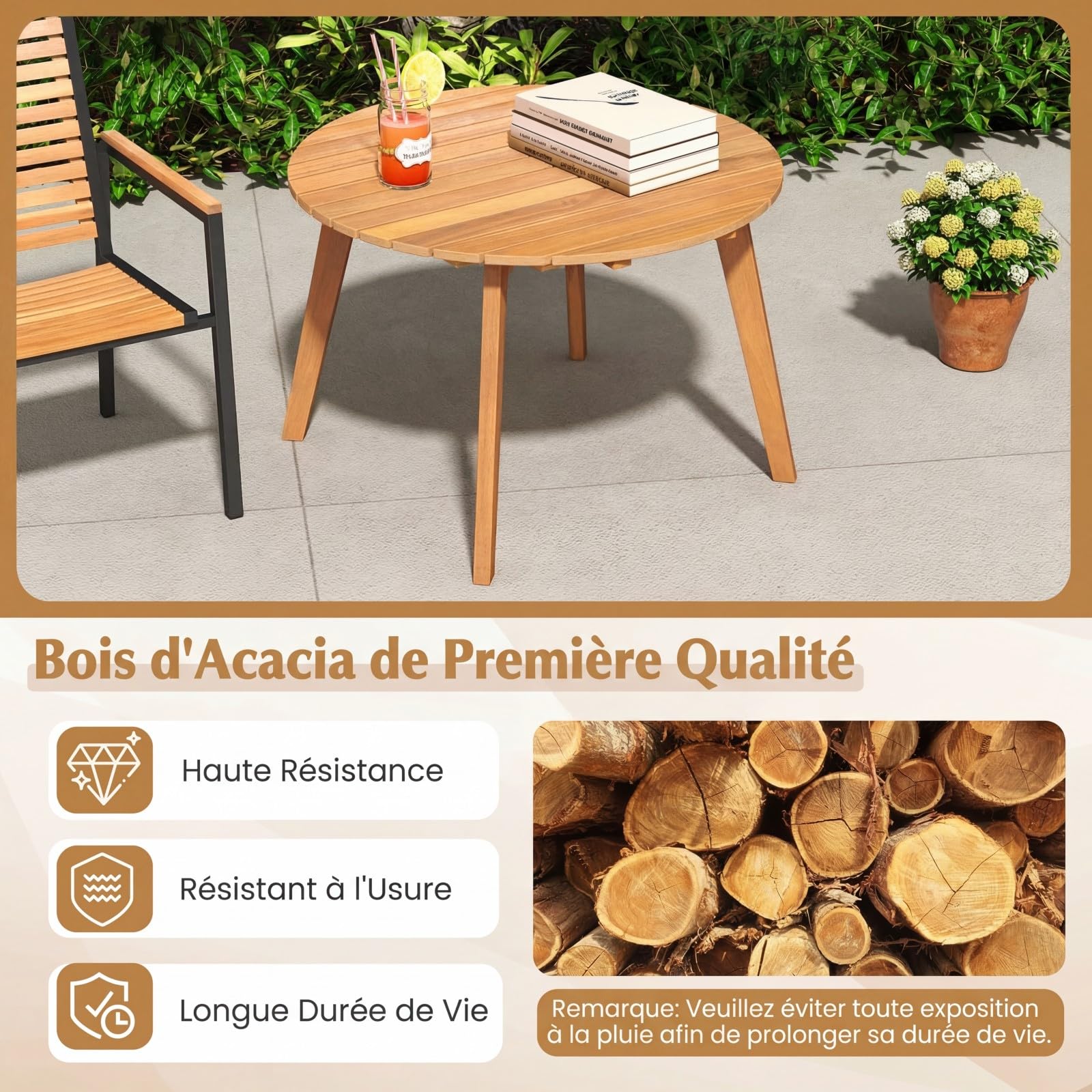GOPLUS Table Basse Exterieur 62x40cm, Petite Table de Jardin en Bois d'Acacia avec Plateau Rond à Lattes&4 Pieds Fiables, Montage Facile, Meuble de Bistrot pour Terrasse Balcon Piscine, Charge 75kg