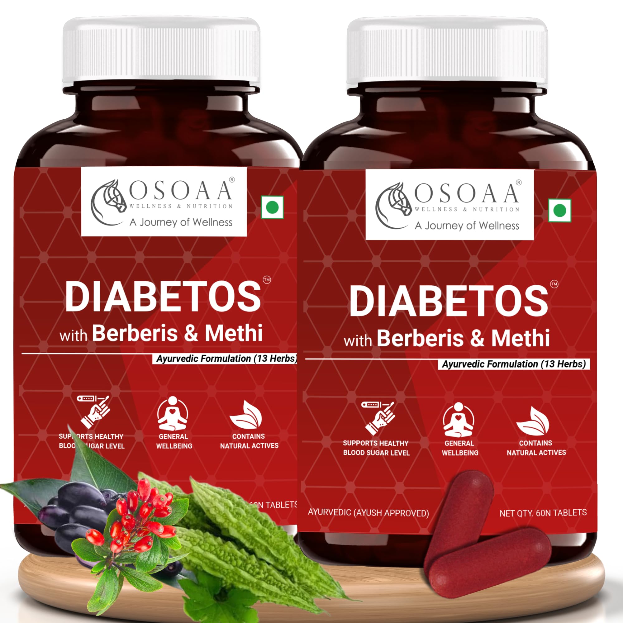 OSOAA Diabetic Care (Diabetos) - 60 Veg Tablets | Ayush Approved | 13 Ayurvedic Herbs with Karela, Jamun, Amla, Methi, Berberies | Manages Blood Sugar & Glucose Level | (Pack of 2) (B0CDGJQ1DJ) Amazon Price History, Amazon Price Tracker